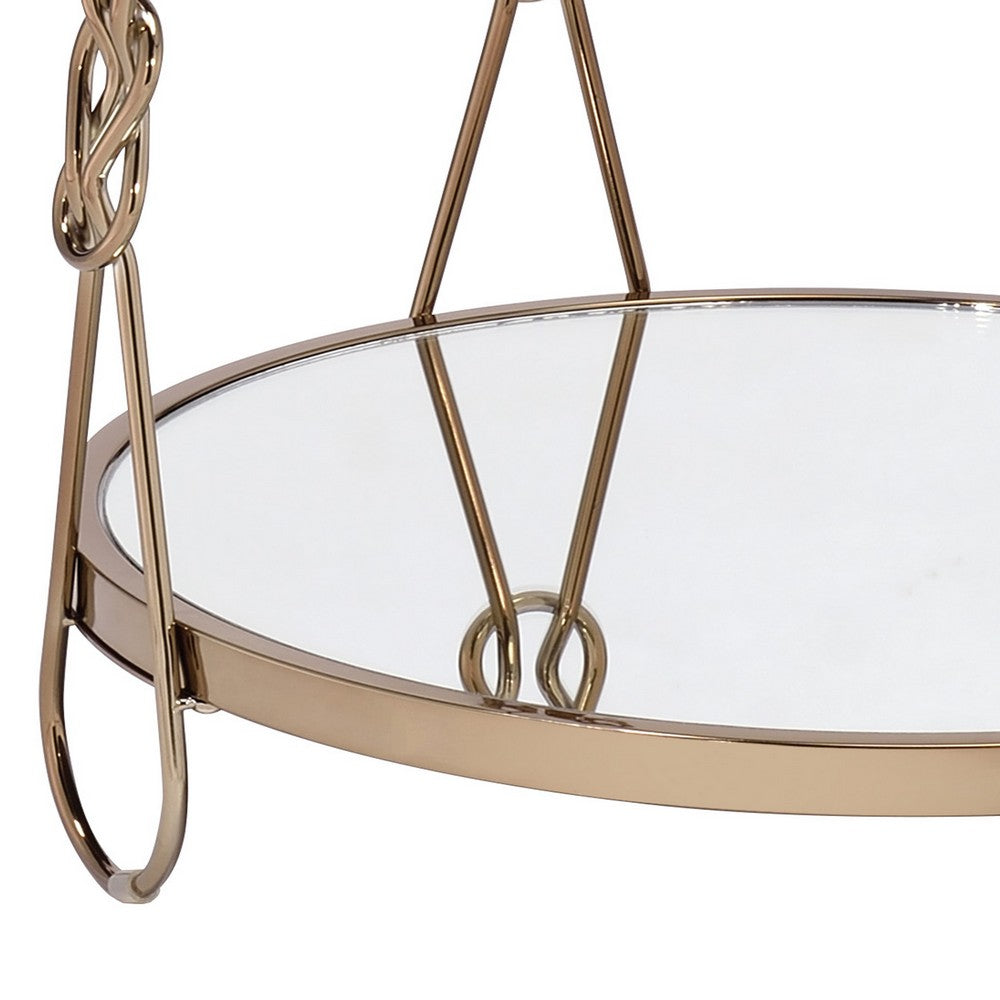 Benjara Metal End Table with Mirrored Top And 1 Bottom shelf, Gold And Clear