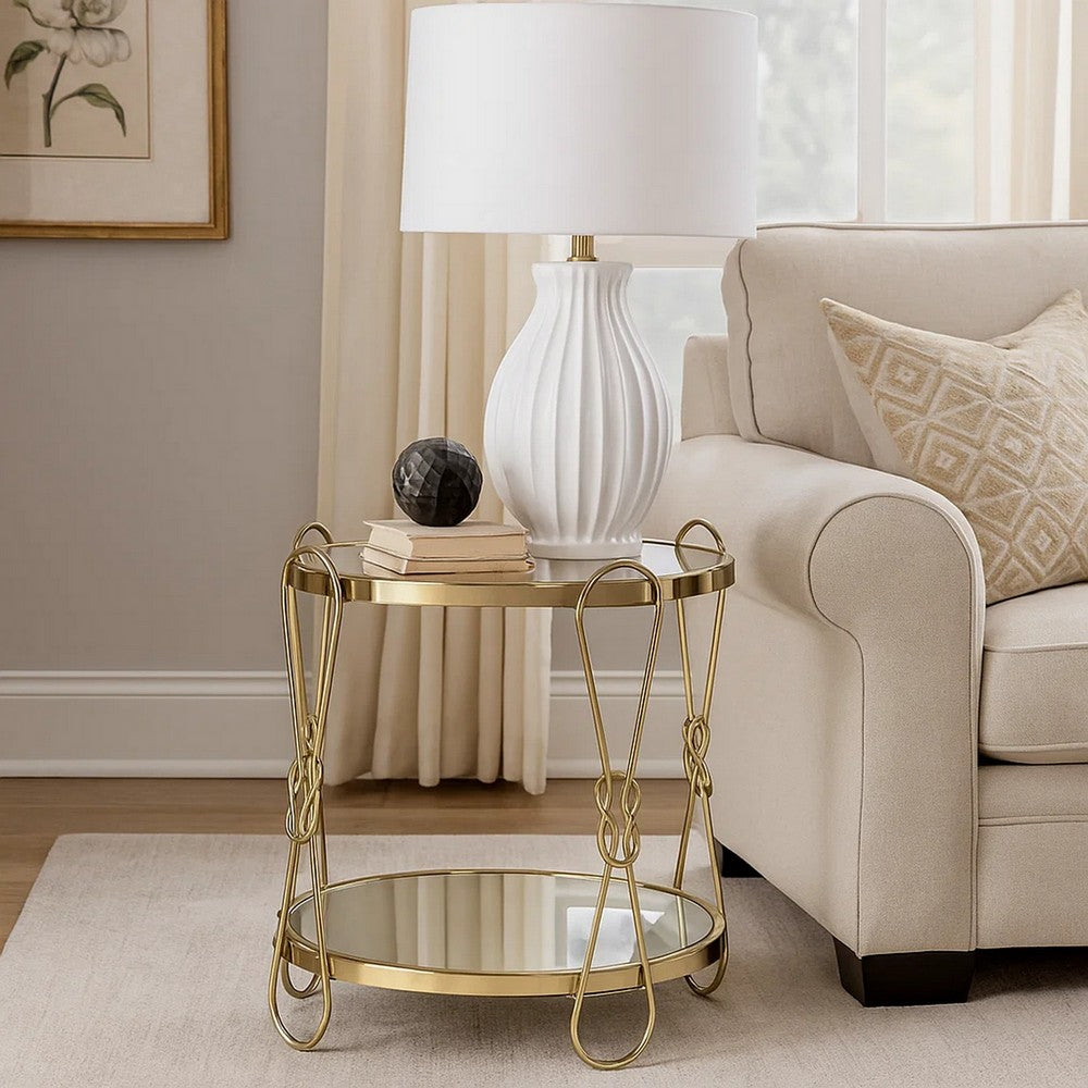 Benjara Metal End Table with Mirrored Top And 1 Bottom shelf, Gold And Clear