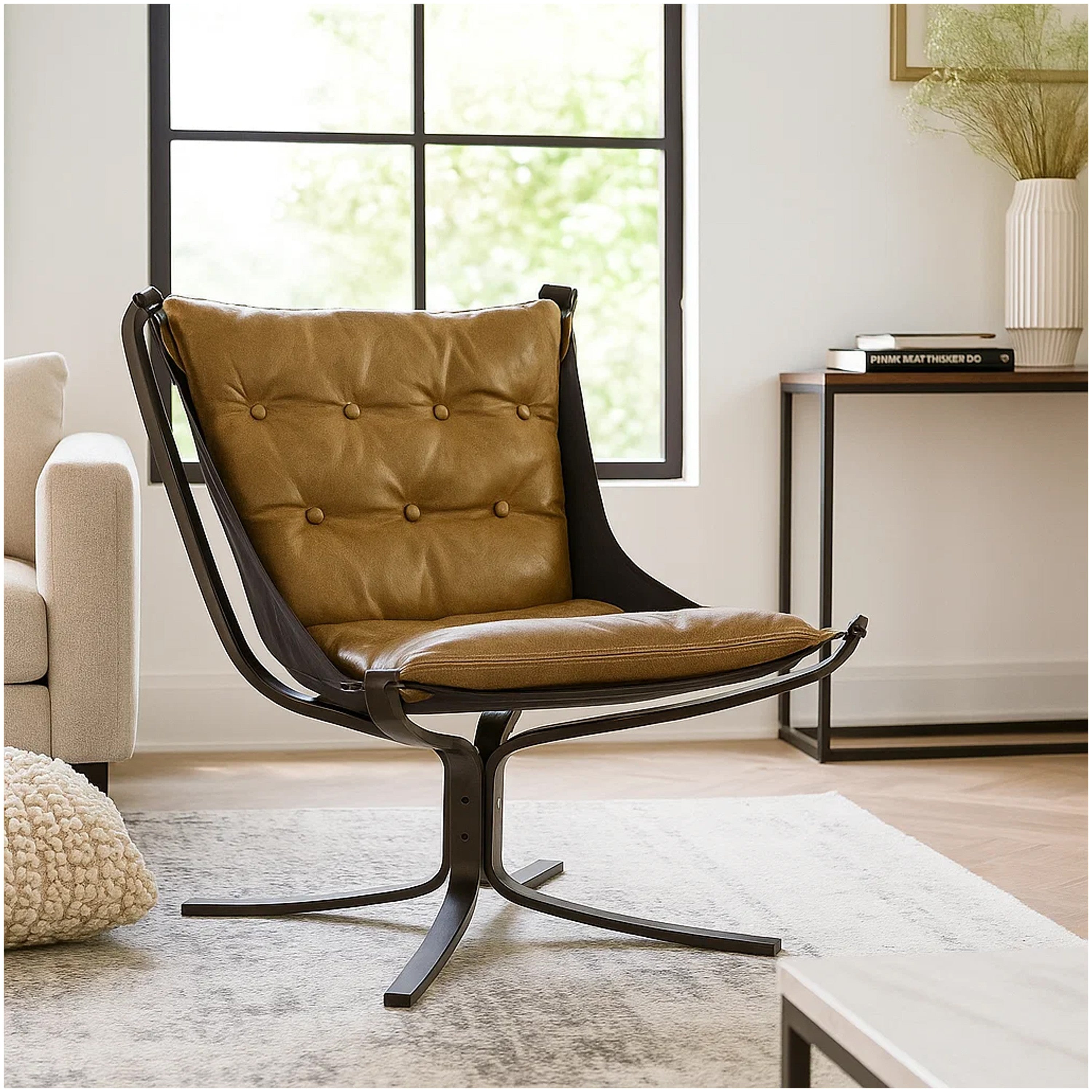 Benjara Faux Leather Upholstered Metal Frame Accent Chair with Star Base,Brown