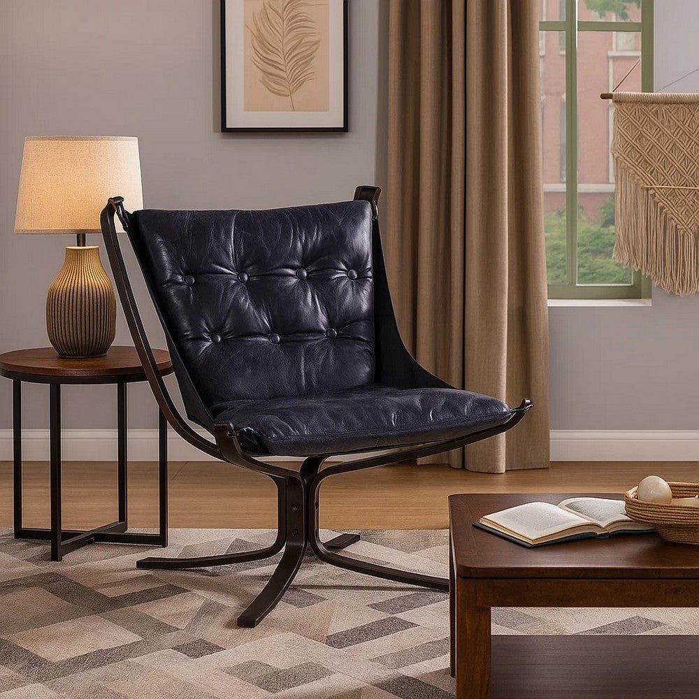 Benjara Star Base Metal Accent Chair with Faux Leather Seating, Blue And Brown