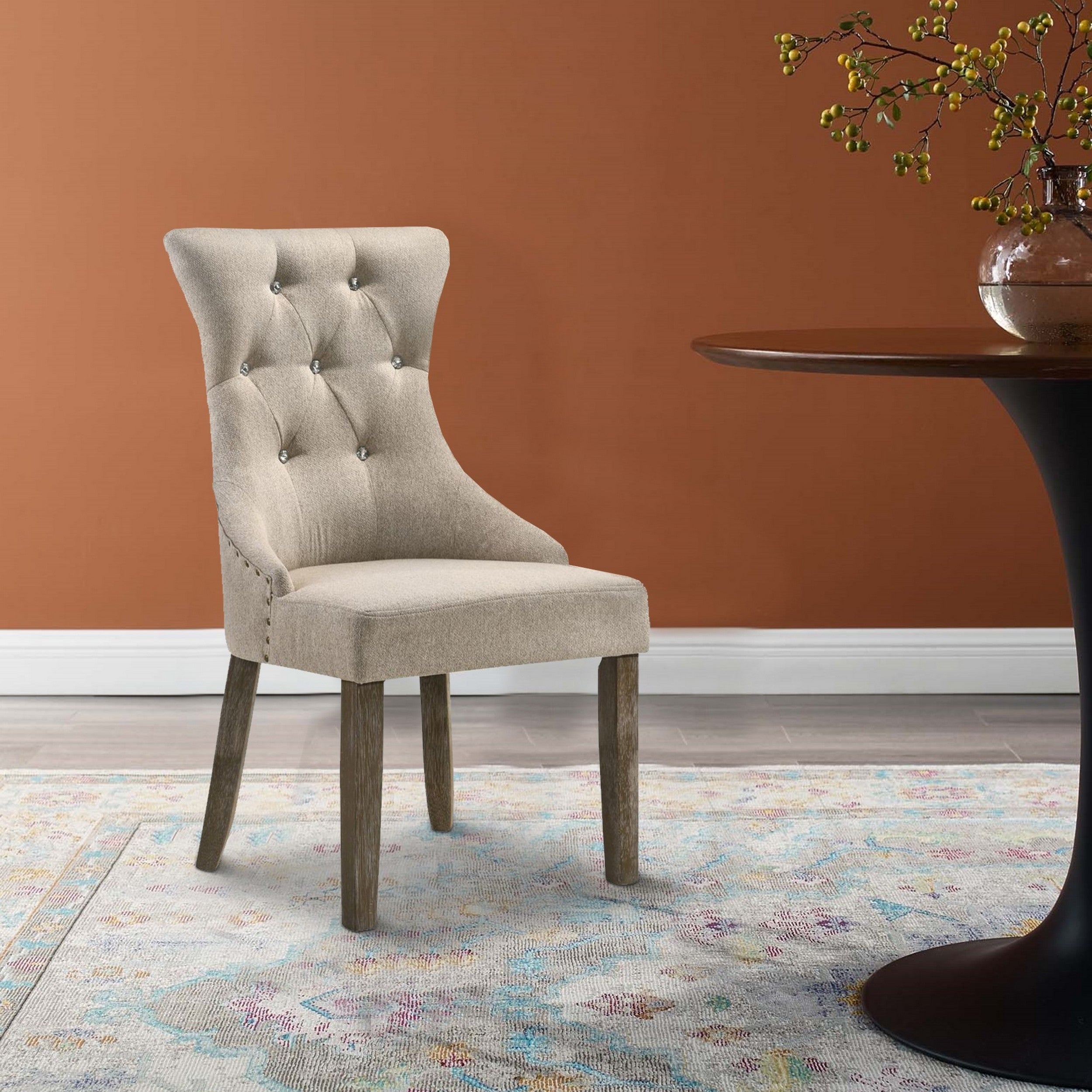 Benjara Wooden Chair with Fabric Upholstered Seating, Set of 2,Beige And Brown