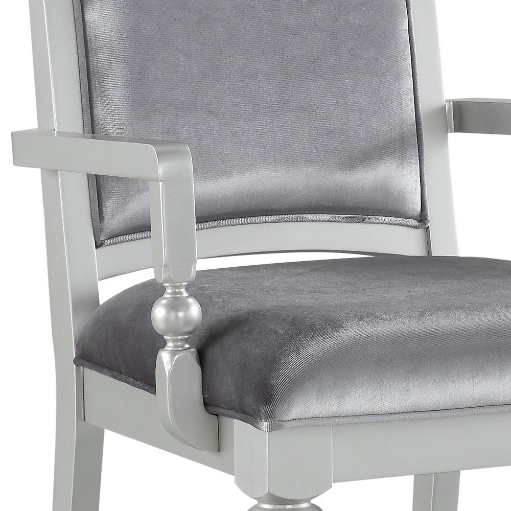 Benjara Crystal Inlaid Fabric Upholstered Wooden Arm Chair, Set of 2, Silver