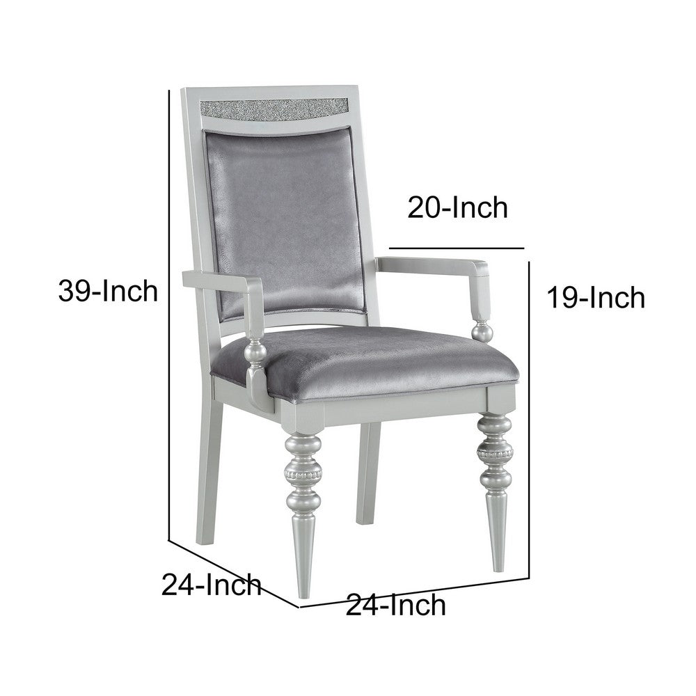 Benjara Crystal Inlaid Fabric Upholstered Wooden Arm Chair, Set of 2, Silver