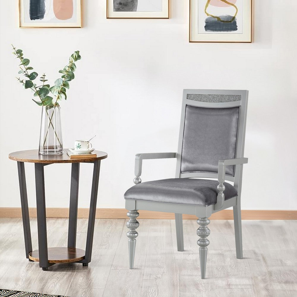 Benjara Crystal Inlaid Fabric Upholstered Wooden Arm Chair, Set of 2, Silver