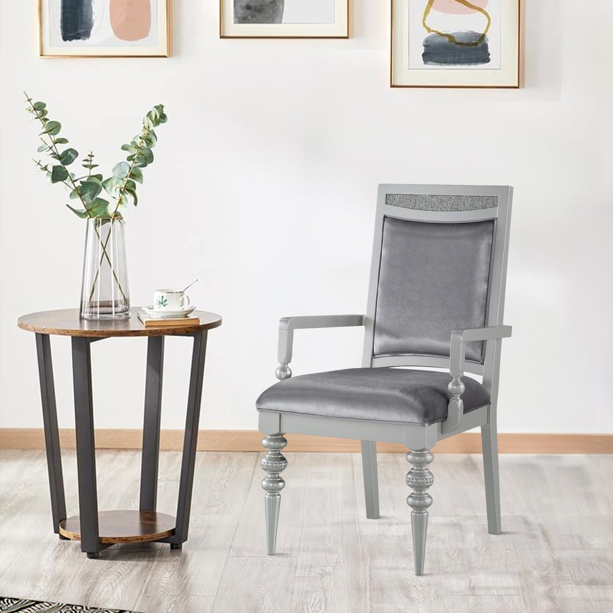 Benjara Crystal Inlaid Fabric Upholstered Wooden Arm Chair, Set of 2, Silver