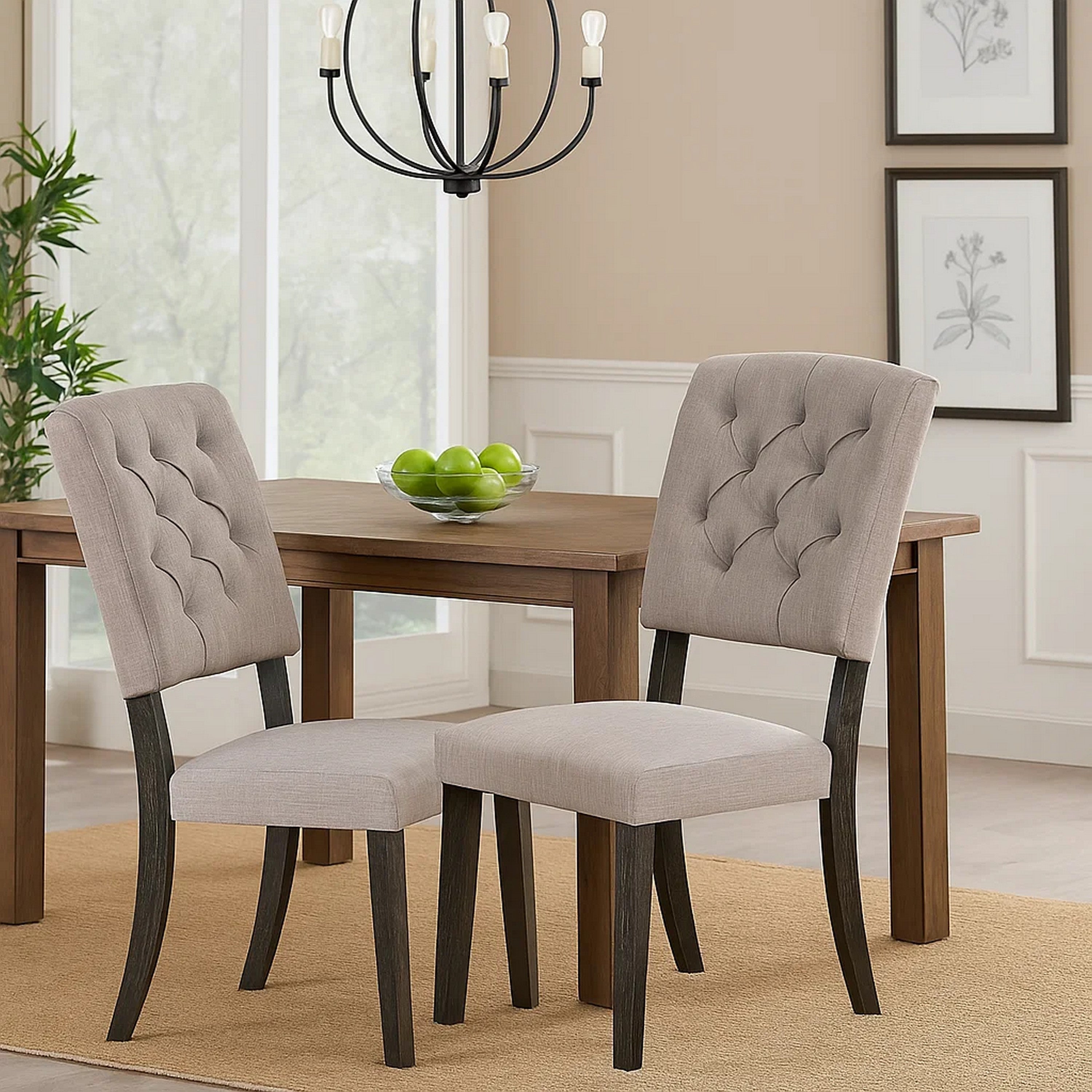 Benjara Wooden Side chair with Tufted Back, Set of 2, Brown And Gray