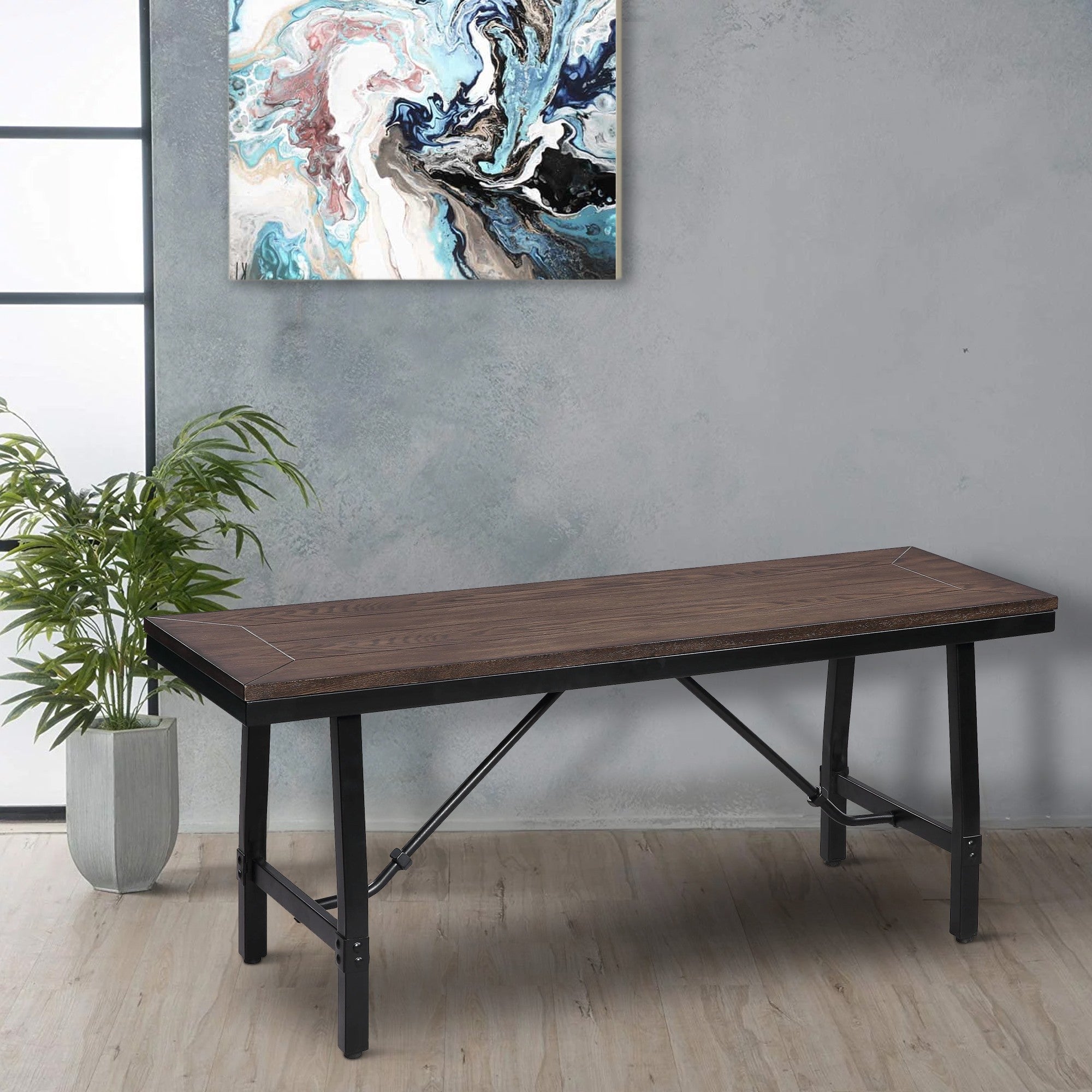 Benjara Industrial Wood And Metal Bench with Tube Leg Support, Brown And Black