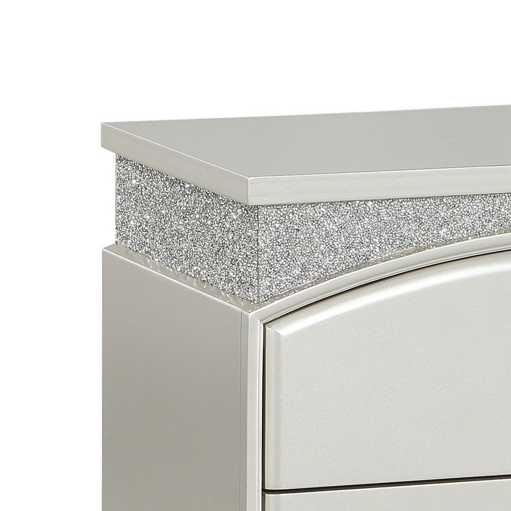 Benjara Modern Style 2 Drawer Wooden Nightstand with Rhinestone Inlays, Silver