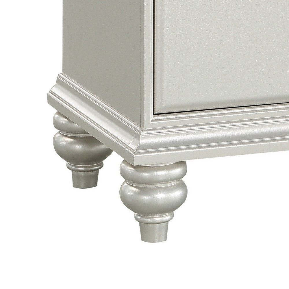 Benjara Modern Style 2 Drawer Wooden Nightstand with Rhinestone Inlays, Silver