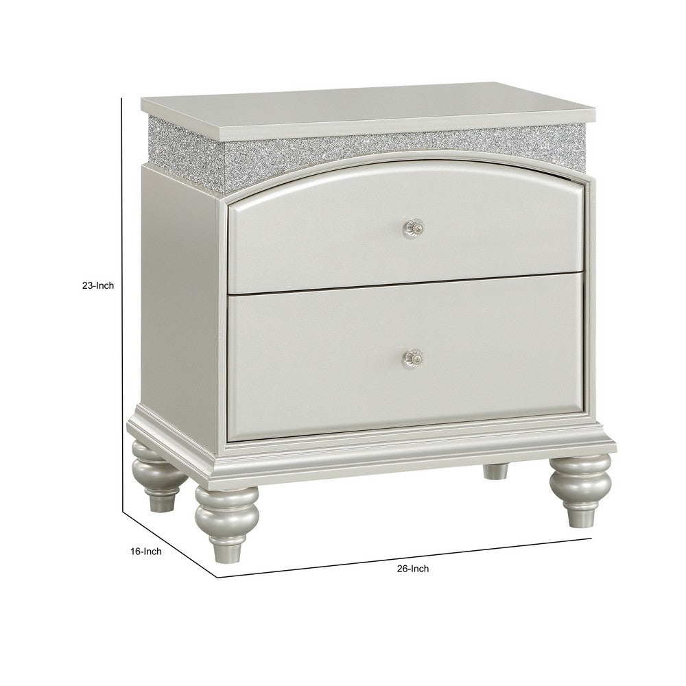 Benjara Modern Style 2 Drawer Wooden Nightstand with Rhinestone Inlays, Silver