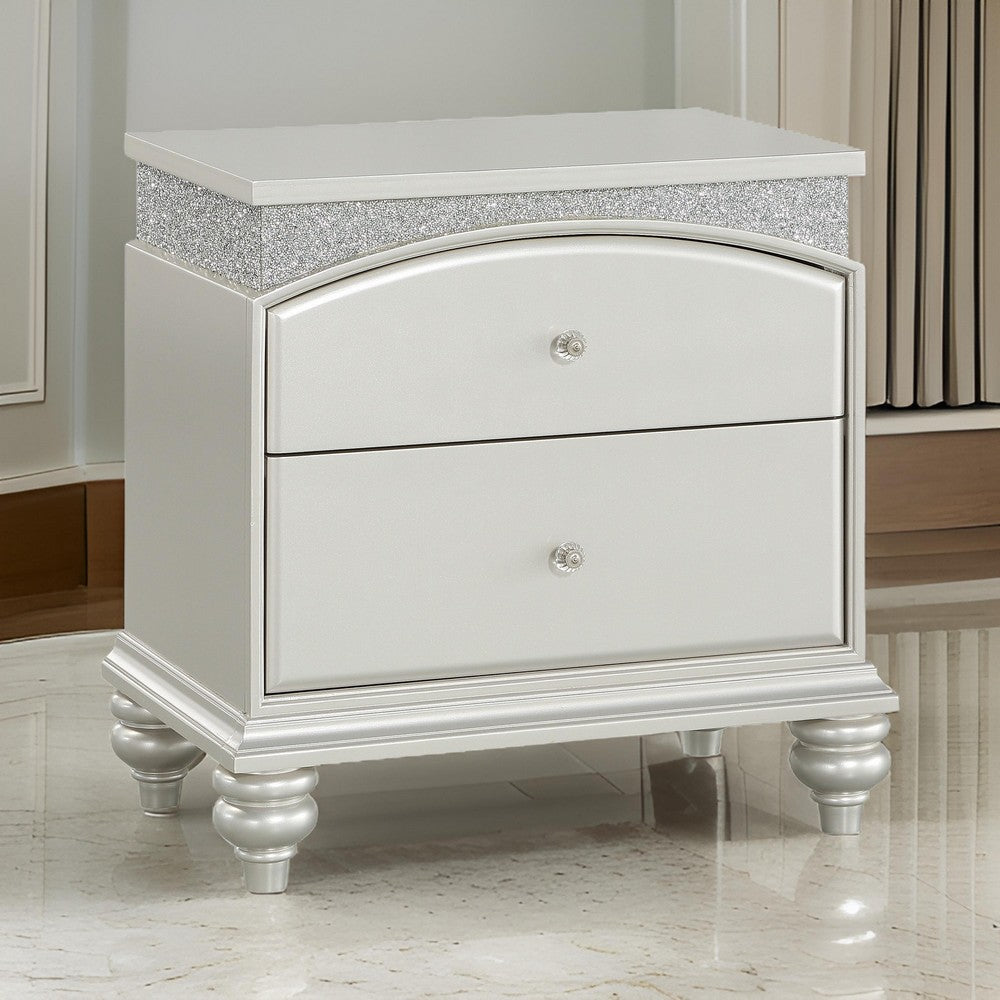 Benjara Modern Style 2 Drawer Wooden Nightstand with Rhinestone Inlays, Silver