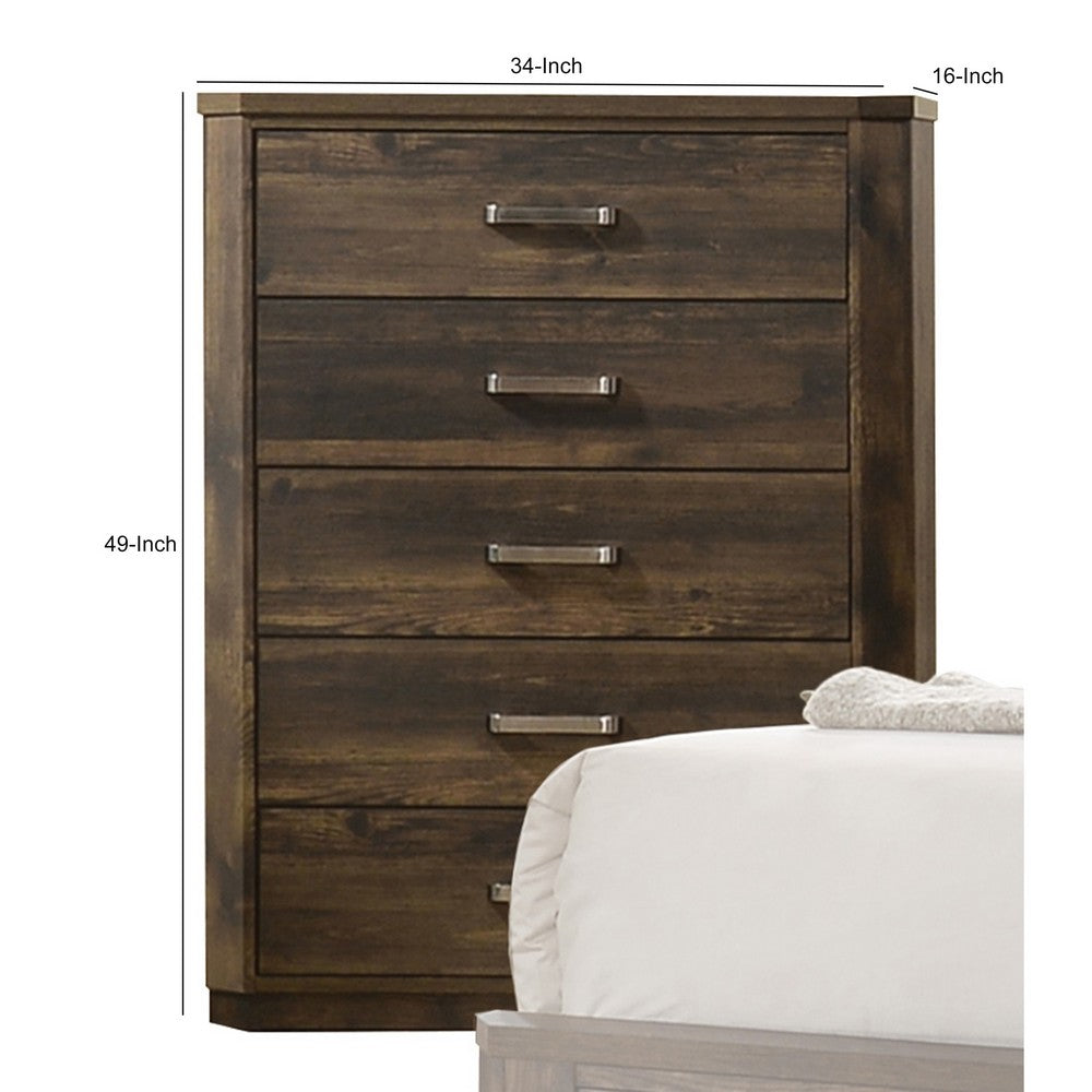 Benjara Transitional Style 5 Drawer Wooden Chest with Plinth Base, Brown