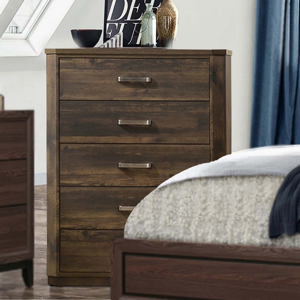 Benjara Transitional Style 5 Drawer Wooden Chest with Plinth Base, Brown