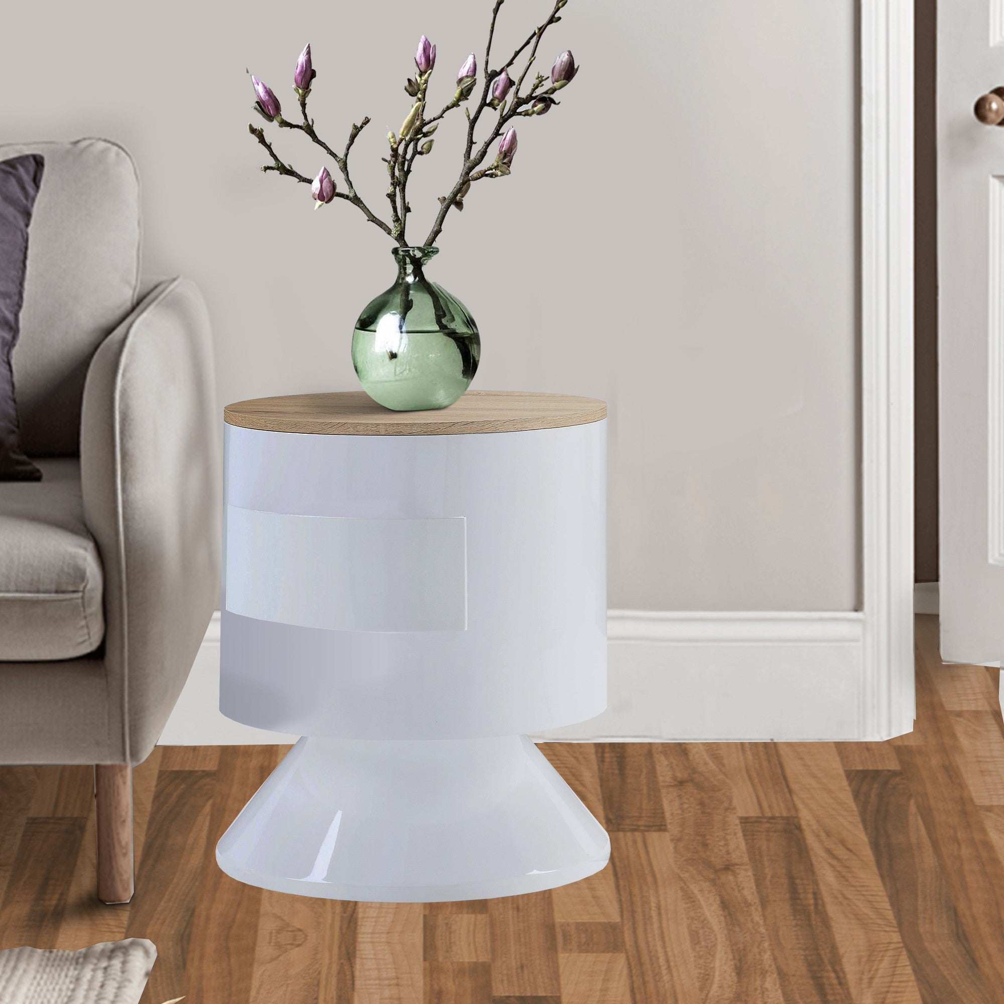 Benjara 1 Drawer Pyramidal Base Circular Wooden Night Table, White And Brown