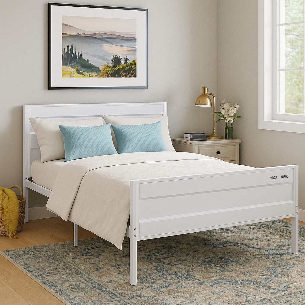 Benjara Industrial Style Metal Full Size Bed with Straight Leg Support, White
