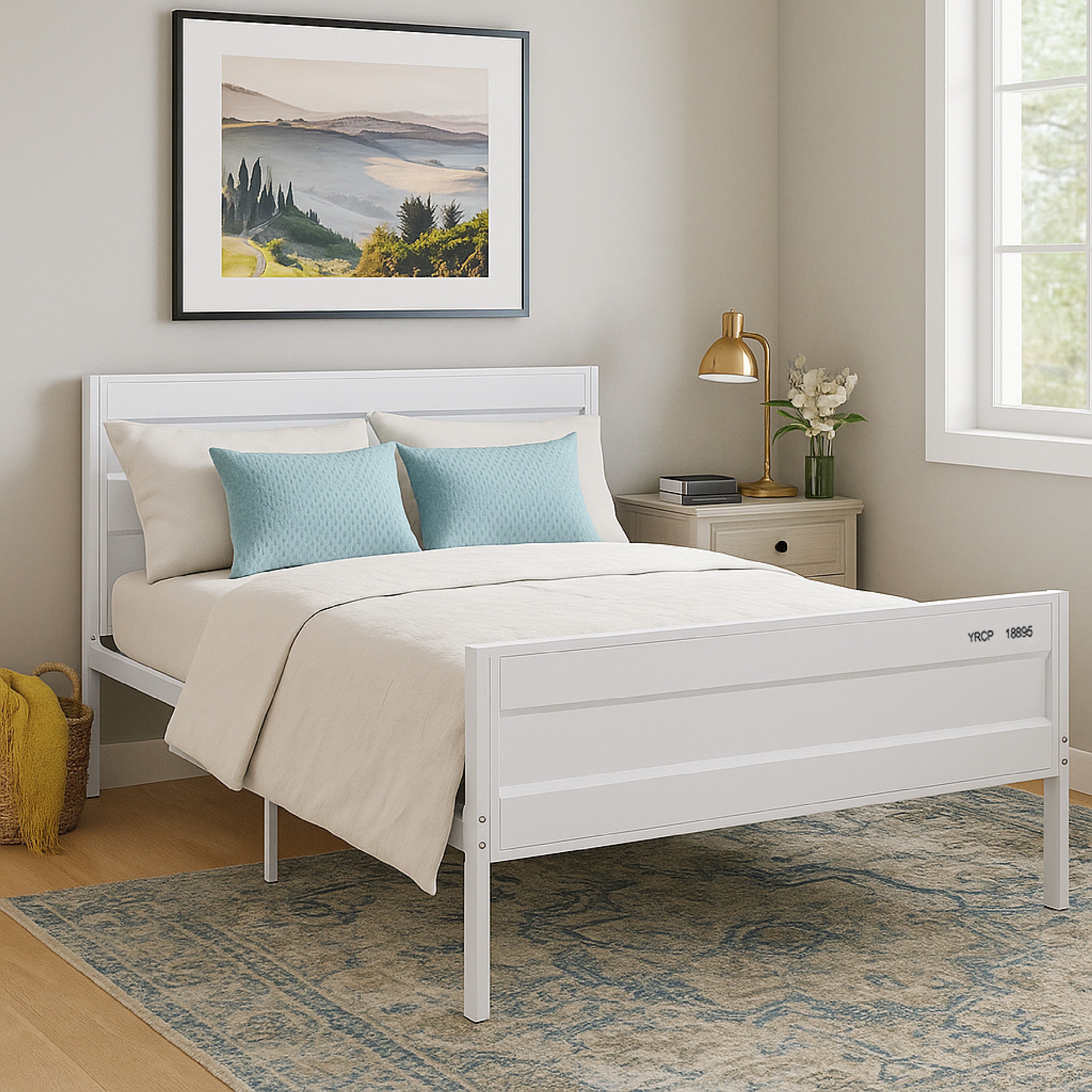 Benjara Industrial Style Metal Full Size Bed with Straight Leg Support, White