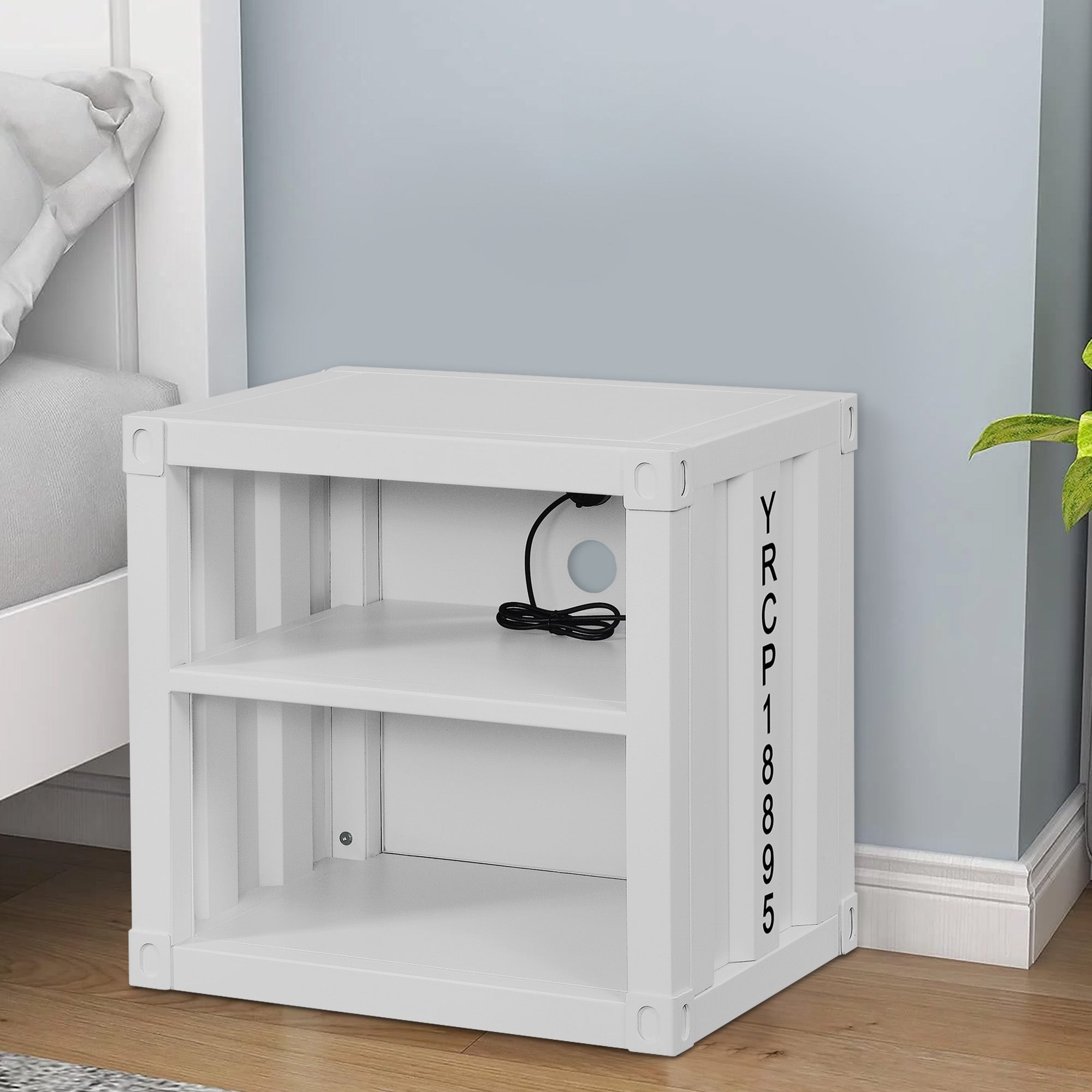 Benjara Metal Nightstand with 2 Open Compartment And USB Port, White