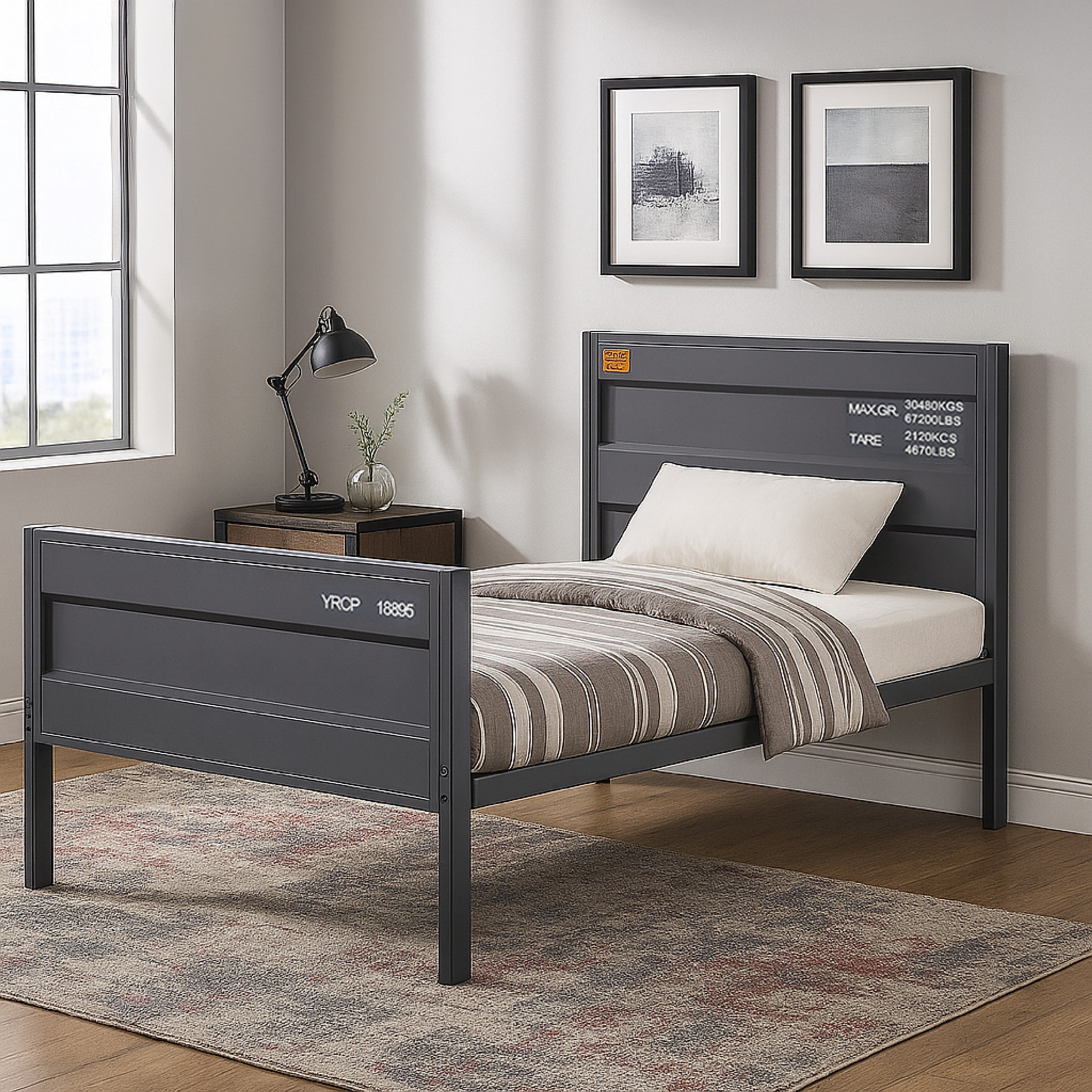 Benjara Industrial Style Metal Full Size Bed with Straight Leg Support, Gray