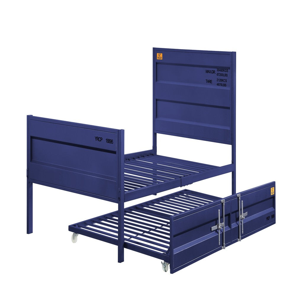 Benjara Industrial Style Metal Twin Size Bed with Straight Leg Support, Blue