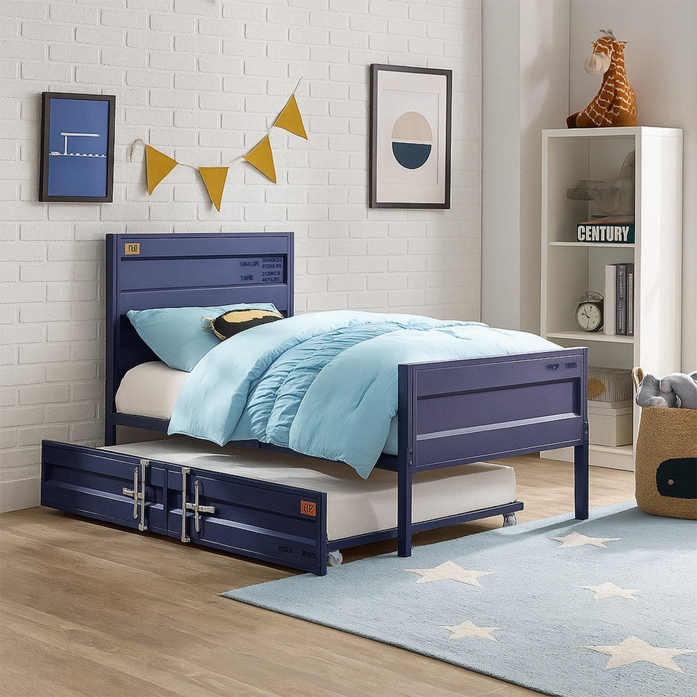 Benjara Industrial Style Metal Twin Size Bed with Straight Leg Support, Blue
