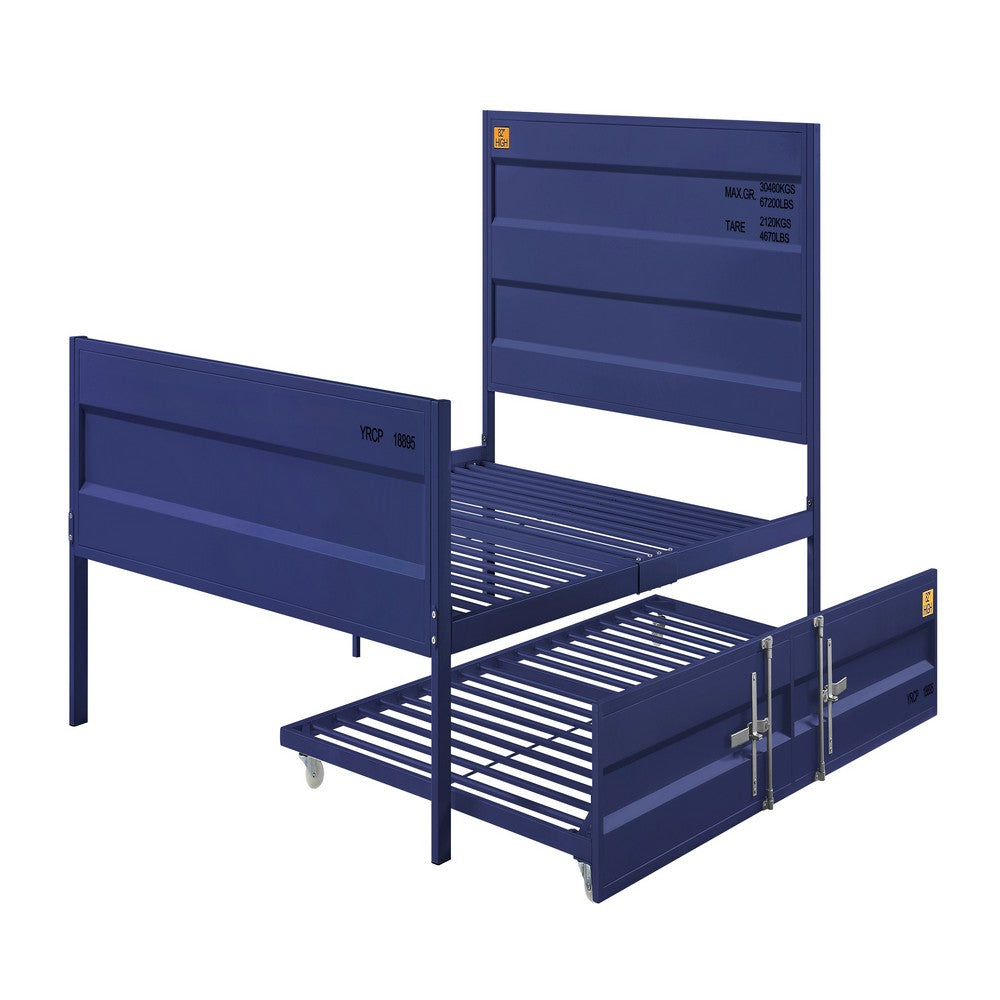 Benjara Industrial Style Metal Full Size Bed with Straight Leg Support, Blue