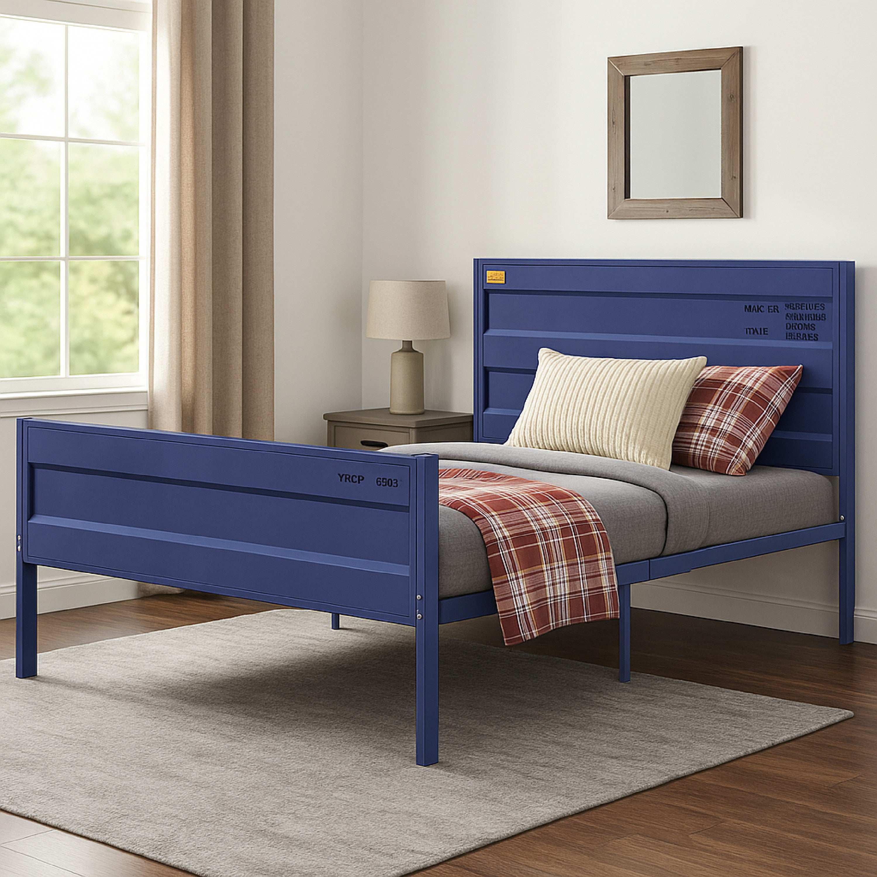 Benjara Industrial Style Metal Full Size Bed with Straight Leg Support, Blue