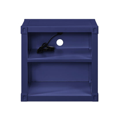 Benjara Metal Nightstand with 2 Open Compartment And USB Port, Blue