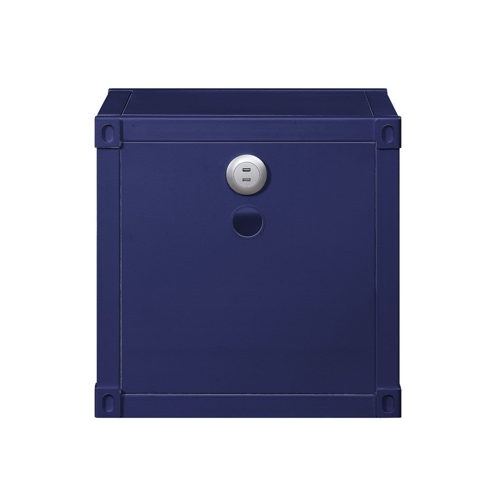 Benjara Metal Nightstand with 2 Open Compartment And USB Port, Blue