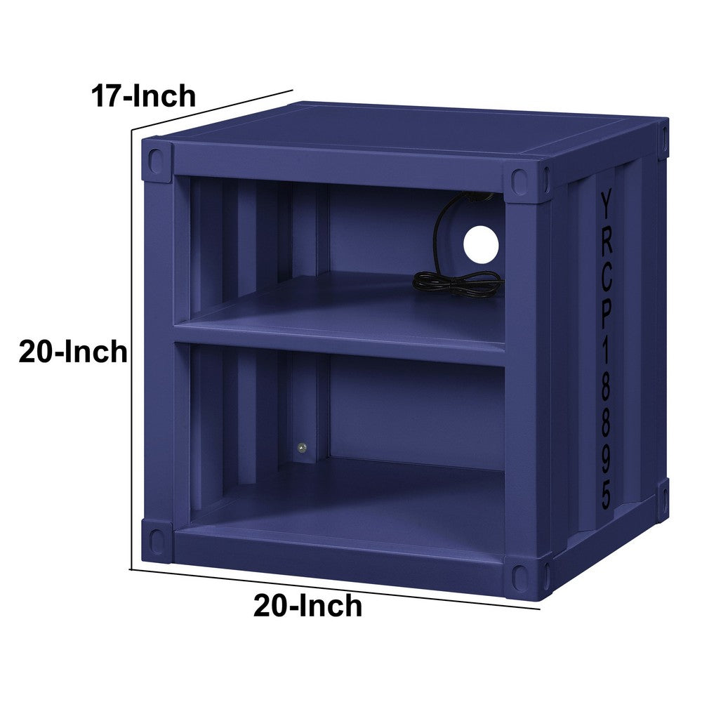 Benjara Metal Nightstand with 2 Open Compartment And USB Port, Blue