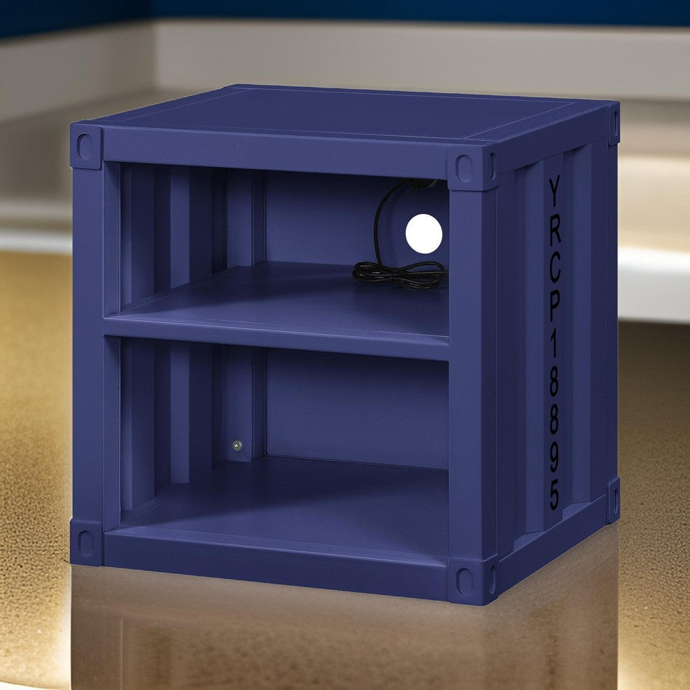Benjara Metal Nightstand with 2 Open Compartment And USB Port, Blue