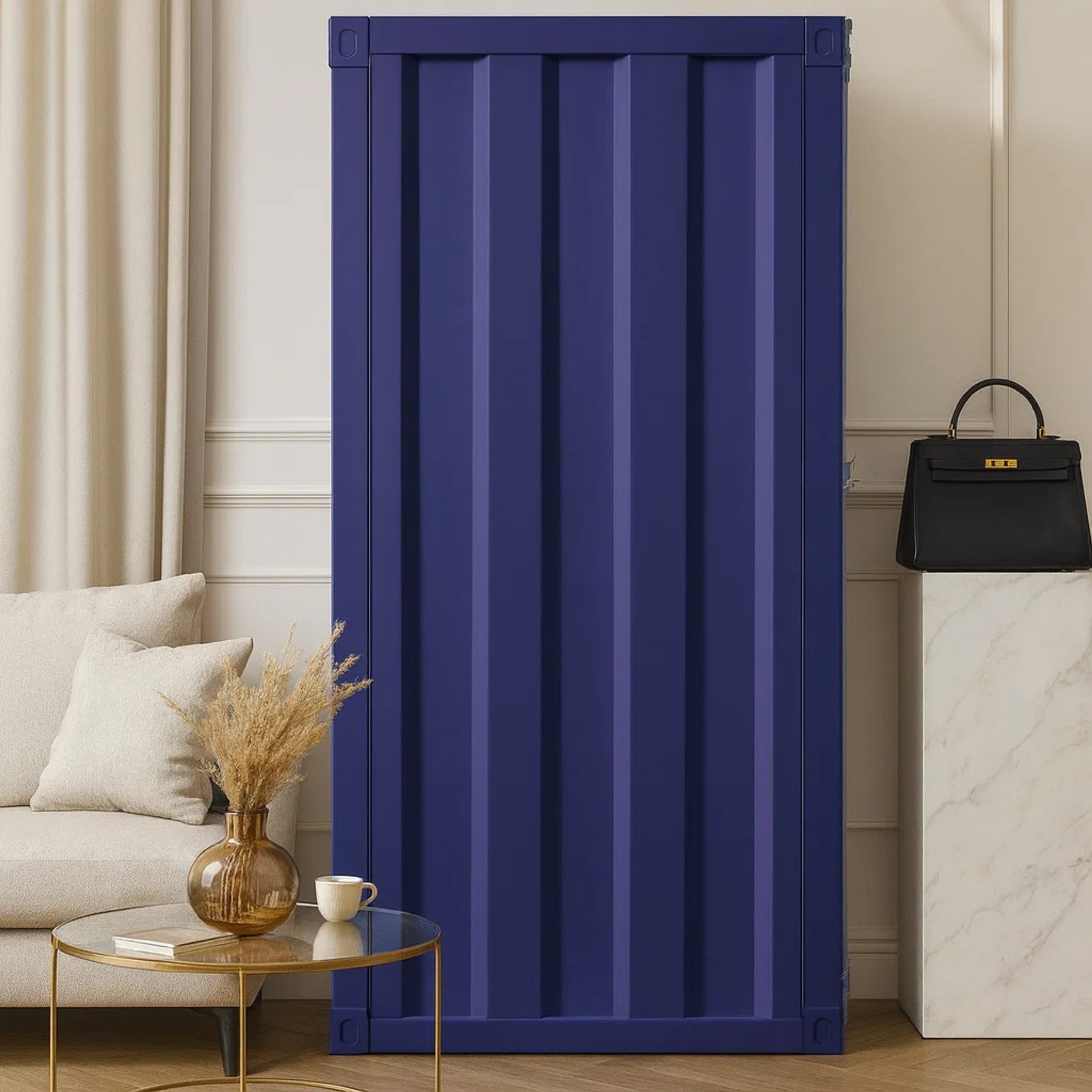 Benjara Industrial Style Metal Chest with Recessed Door Front, Blue