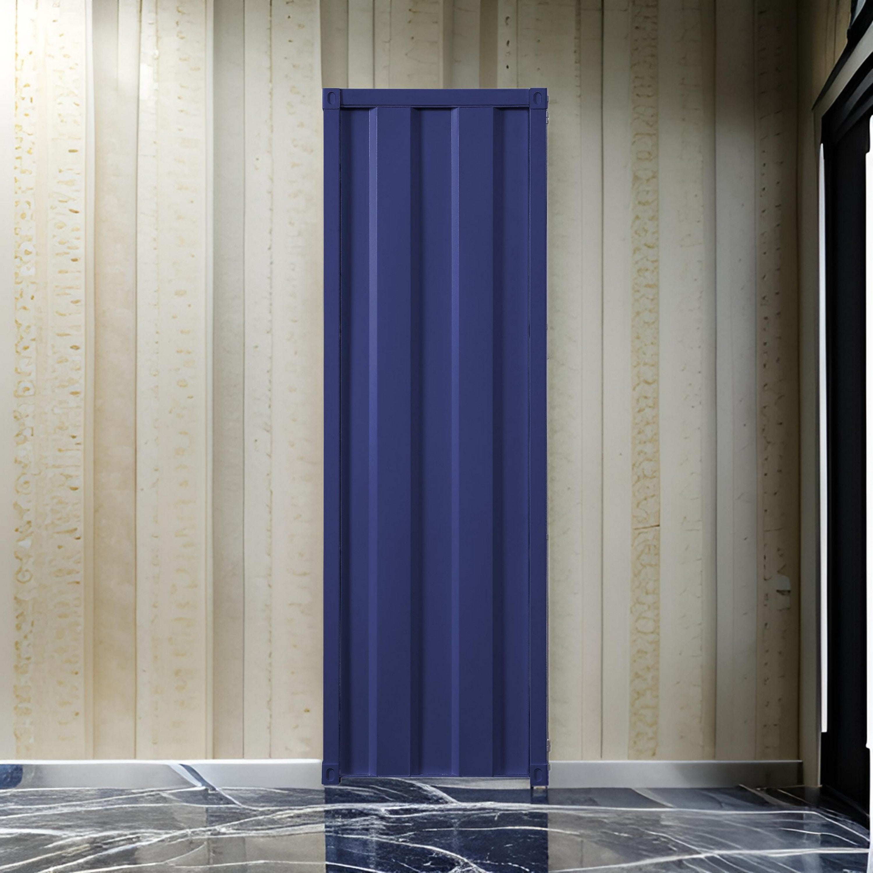Benjara Industrial Style Metal Wardrobe with Recessed Door Front, Blue