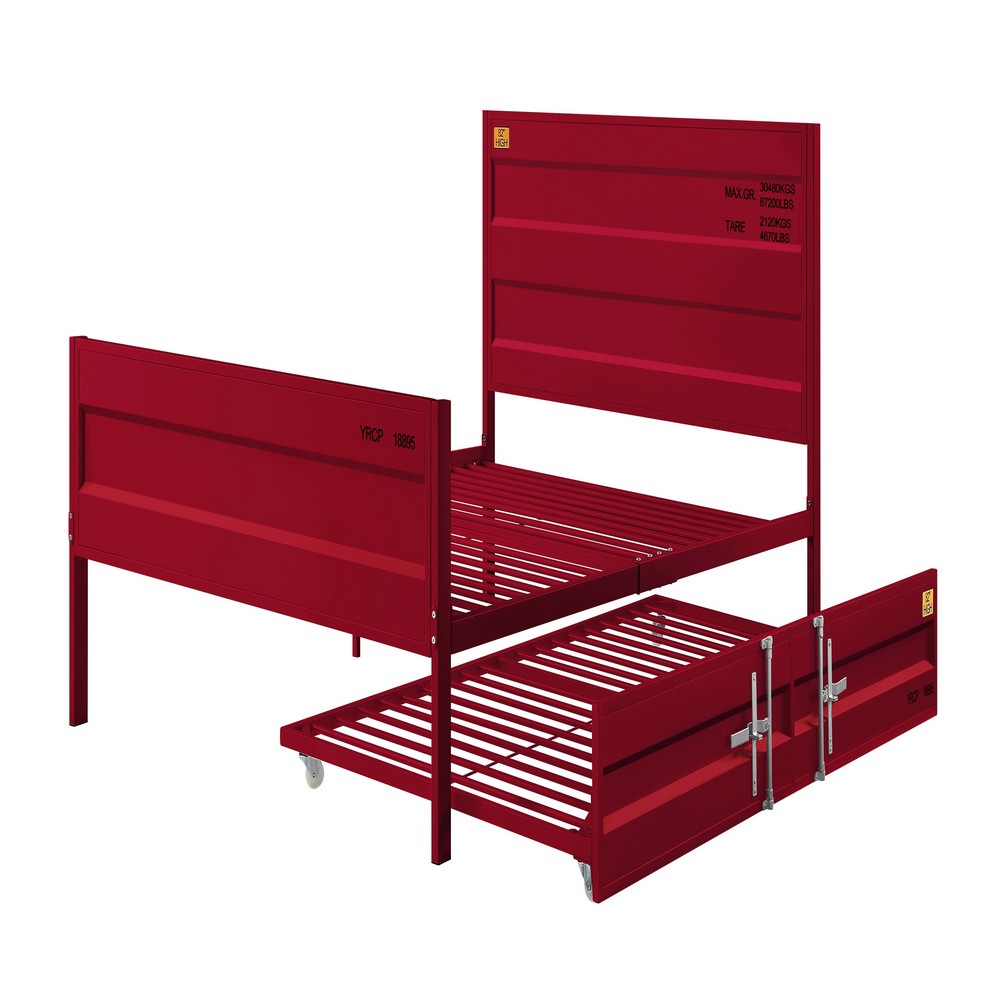 Benjara Industrial Style Metal Full Size Bed with Straight Leg Support, Red