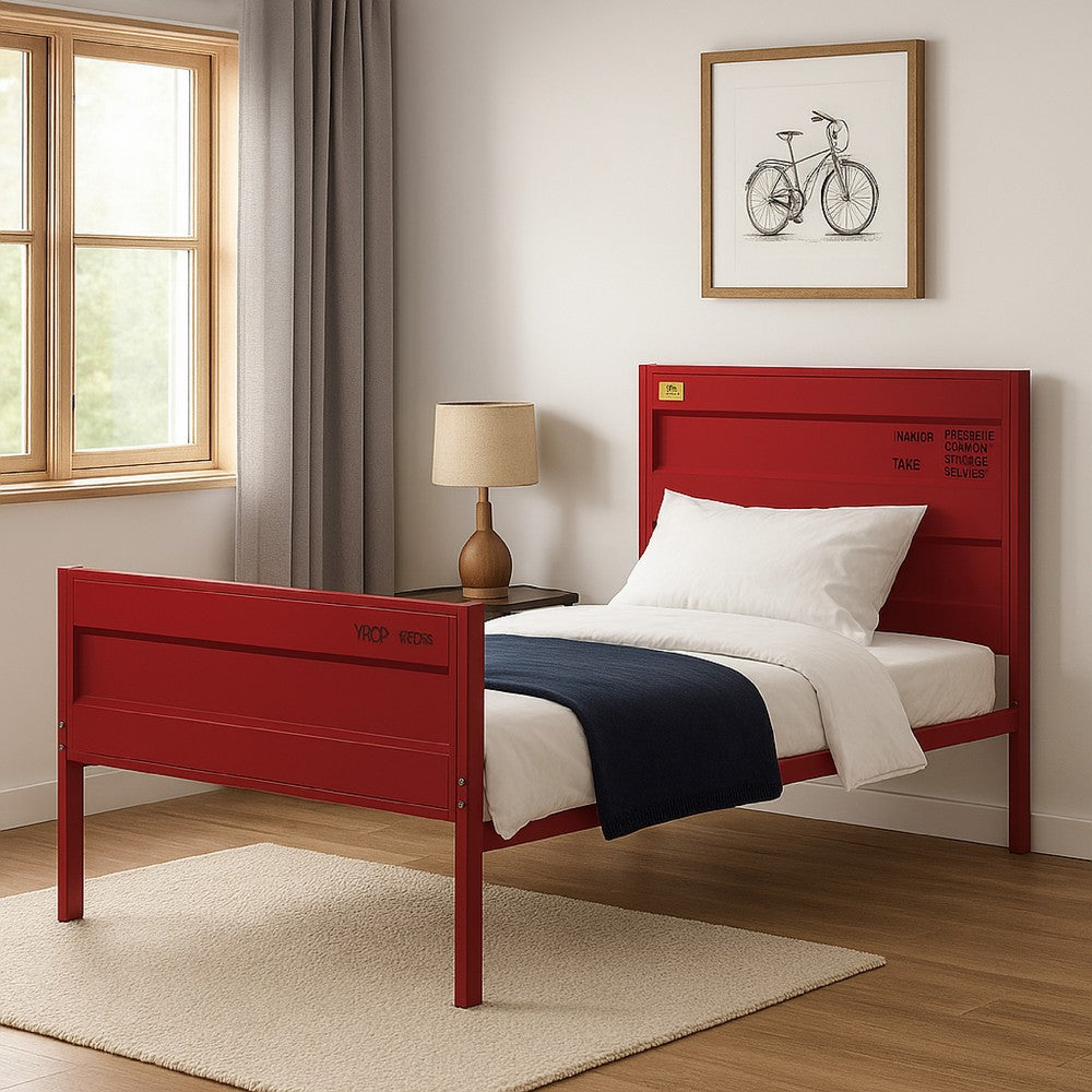 Benjara Industrial Style Metal Full Size Bed with Straight Leg Support, Red