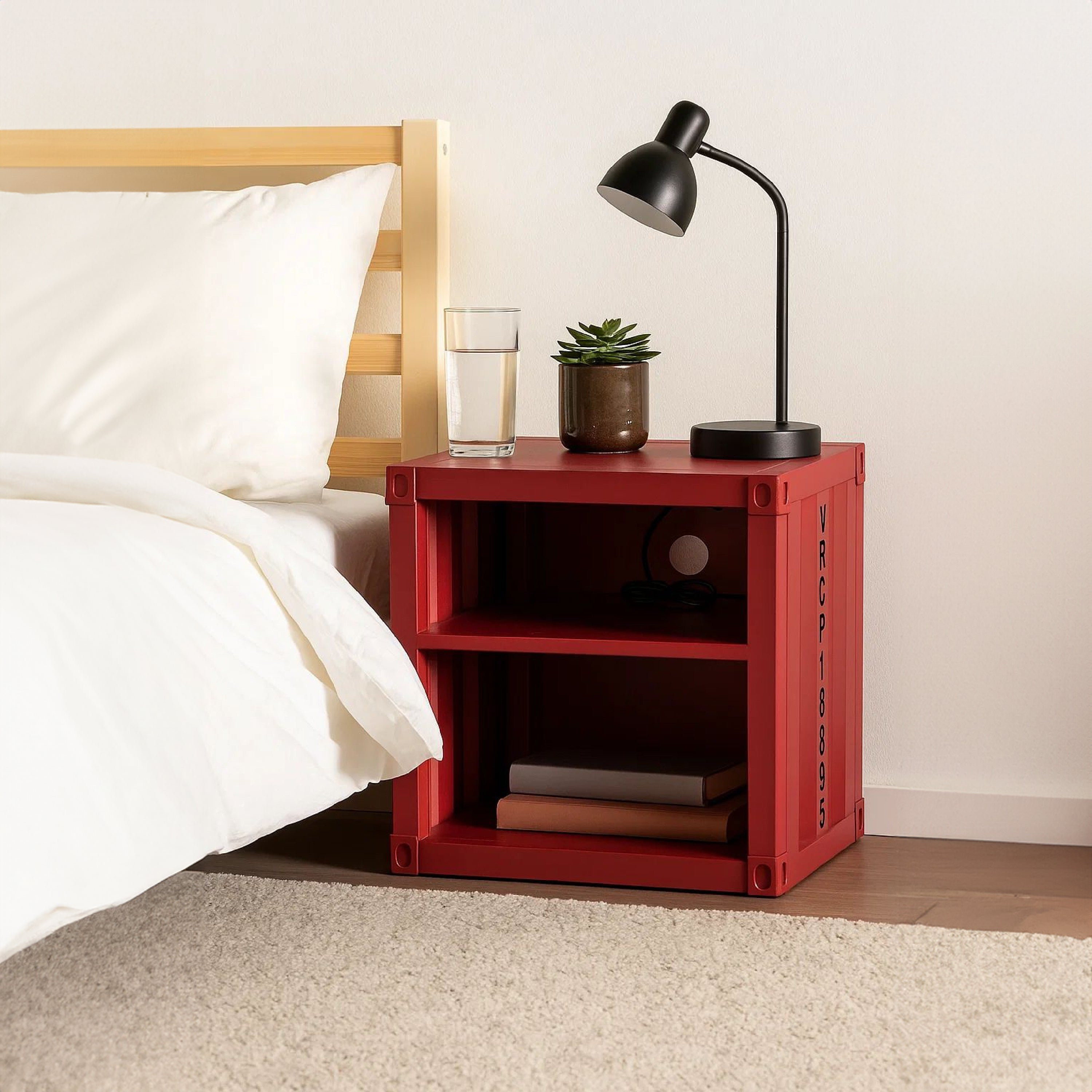Benjara Metal Nightstand with 2 Open Compartment And USB Port, Red