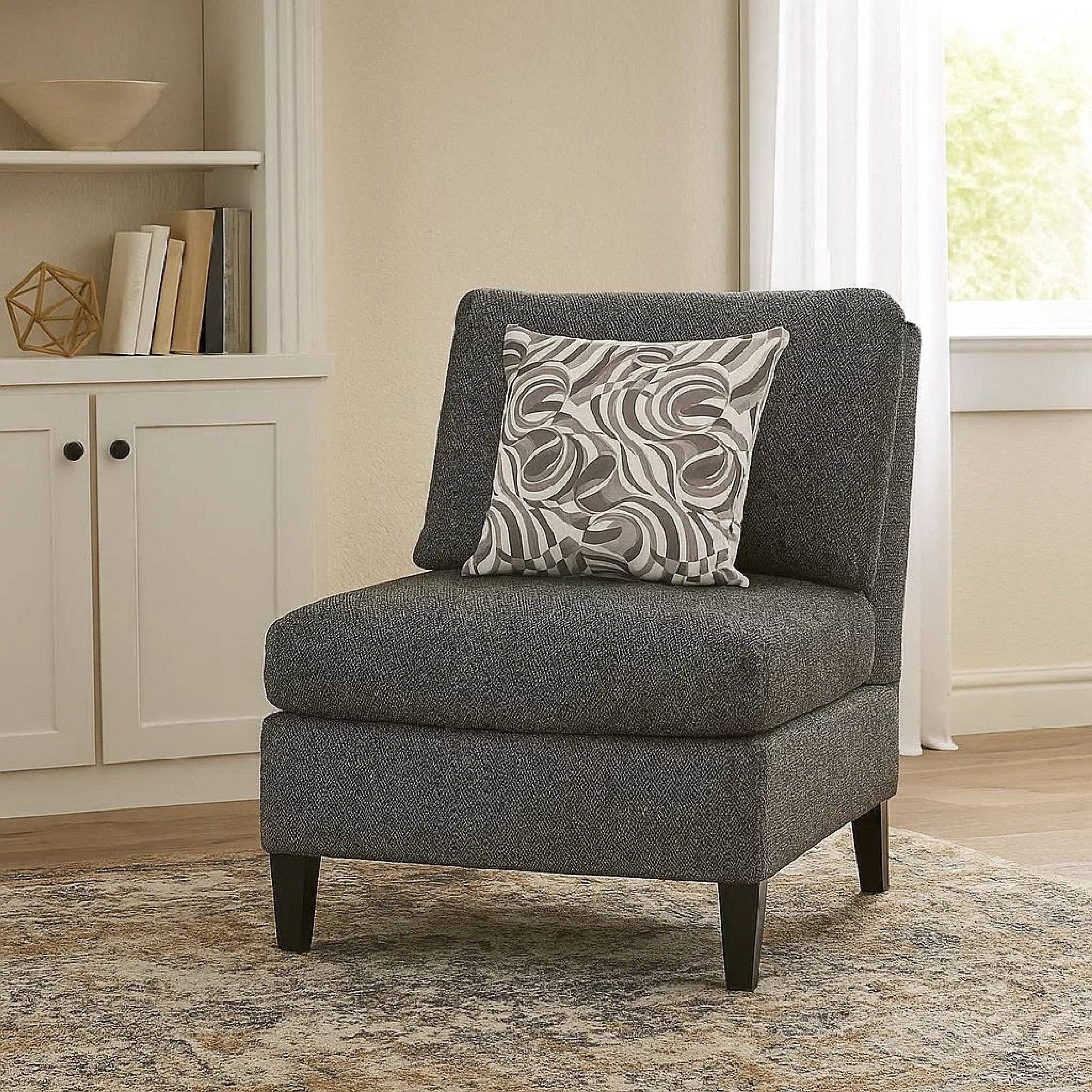 Benjara Chenille Fabric Upholstered Armless Chair with Pillow, Dark Gray