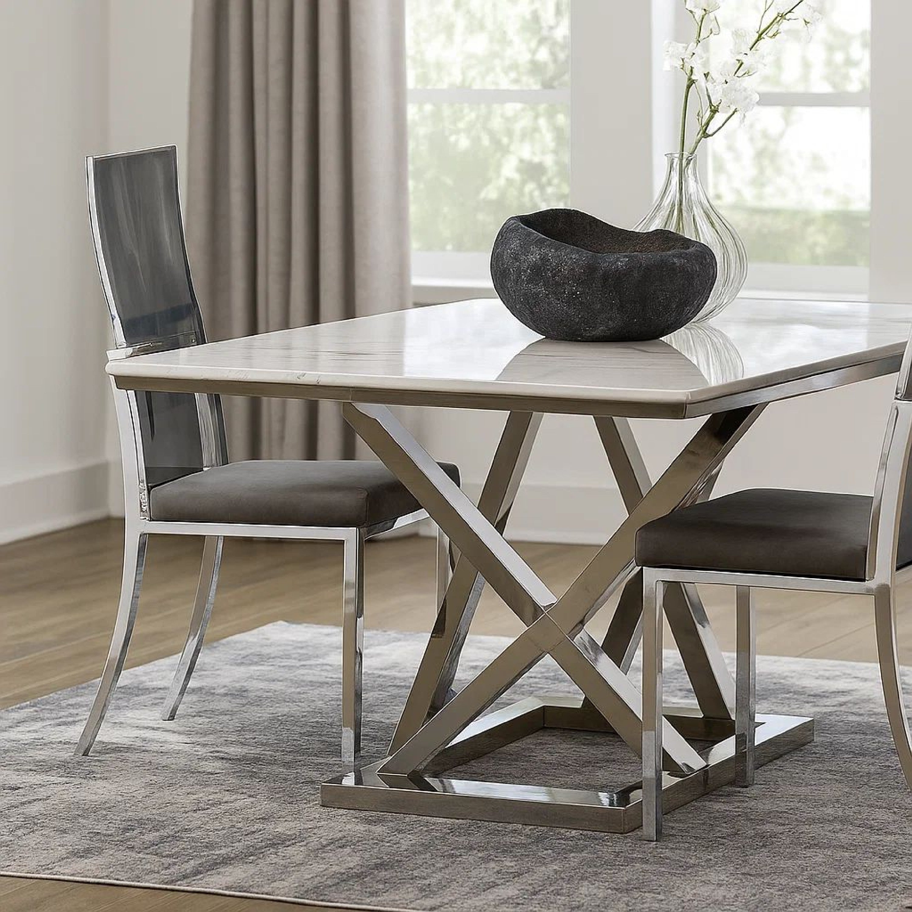 Benjara Metal Dining Side Chair with Acrylic Backing, Set of 2,Gray And Silver