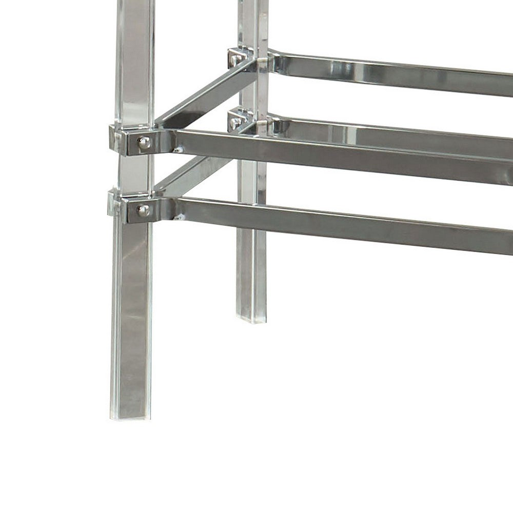 Benjara Square Glass And Metal End Table with Tubular Legs, Silver And Clear