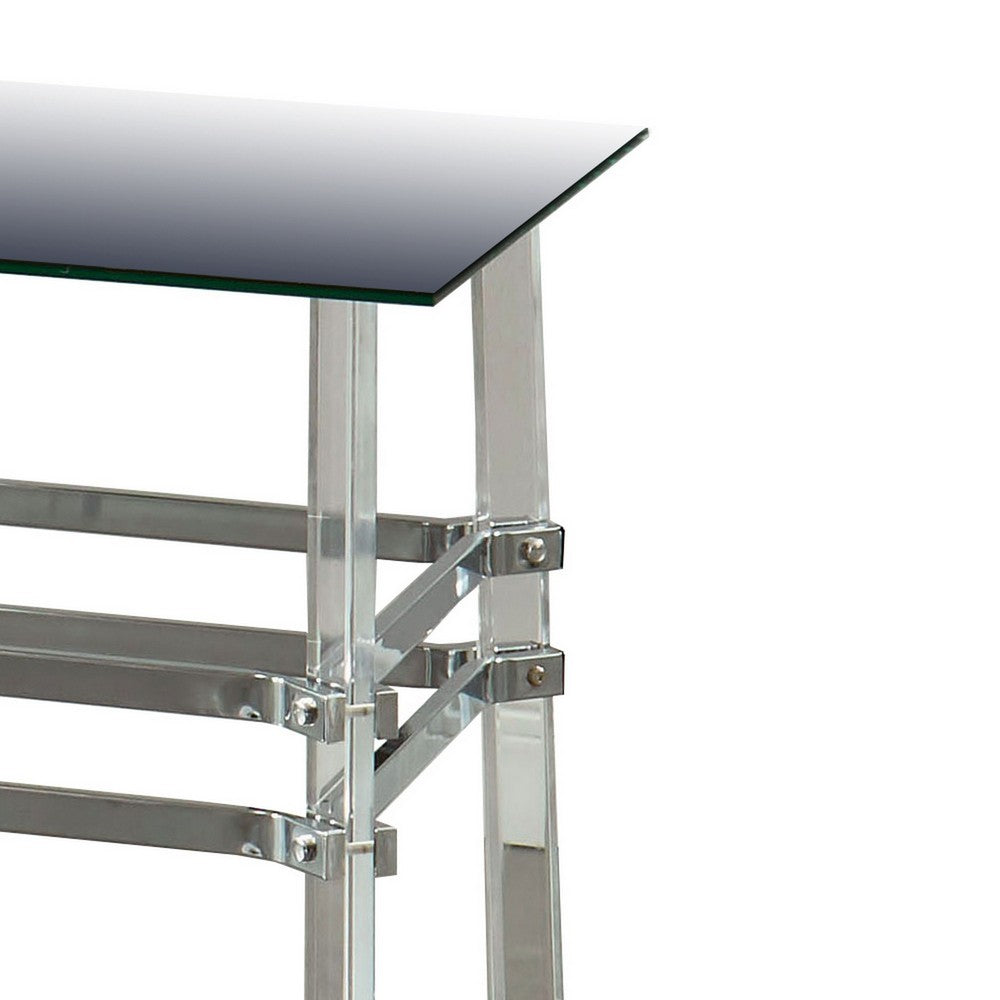 Benjara Square Glass And Metal End Table with Tubular Legs, Silver And Clear