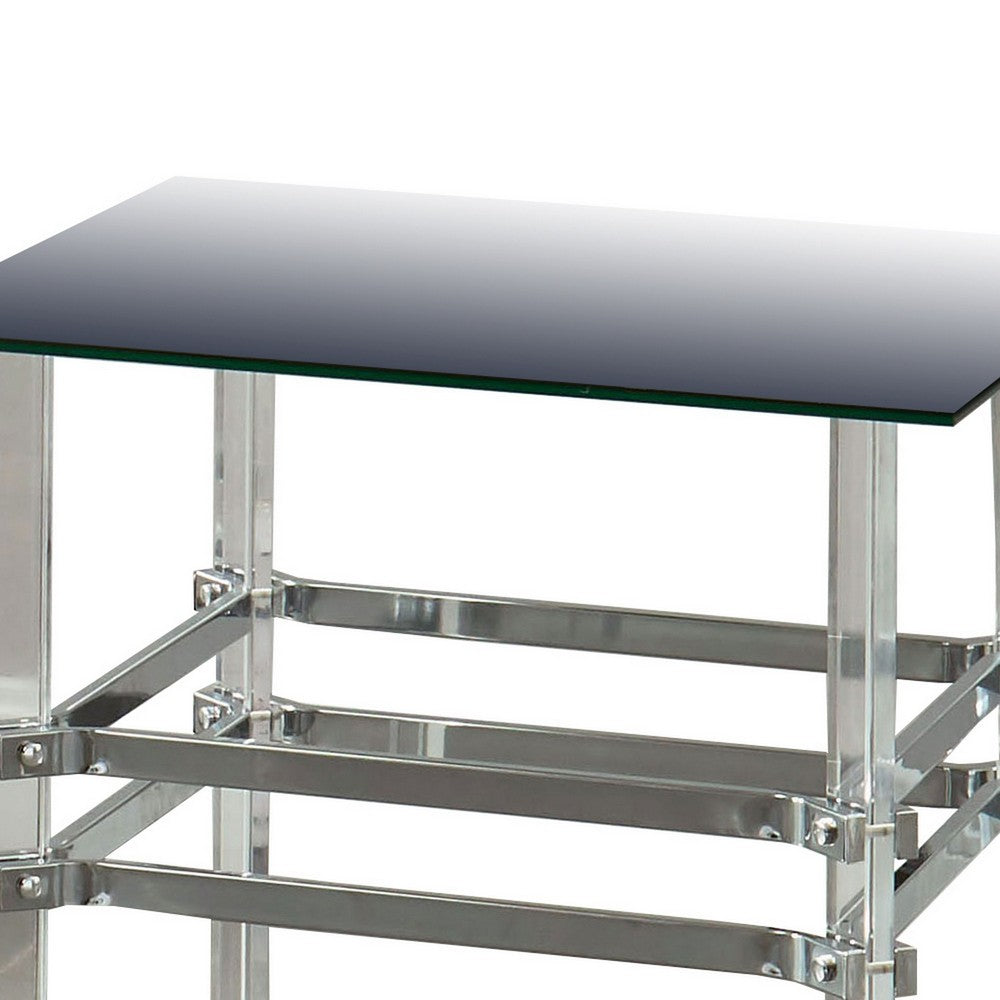 Benjara Square Glass And Metal End Table with Tubular Legs, Silver And Clear