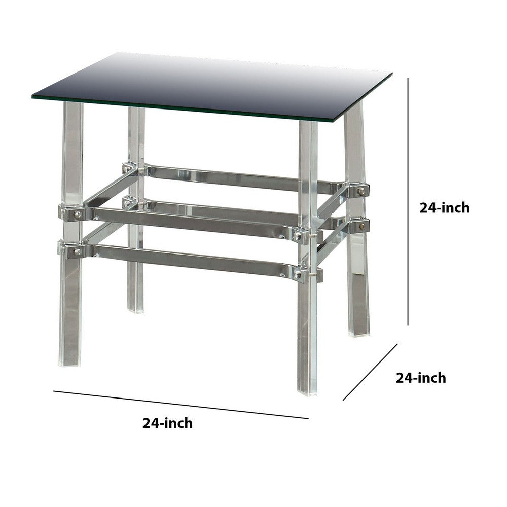 Benjara Square Glass And Metal End Table with Tubular Legs, Silver And Clear
