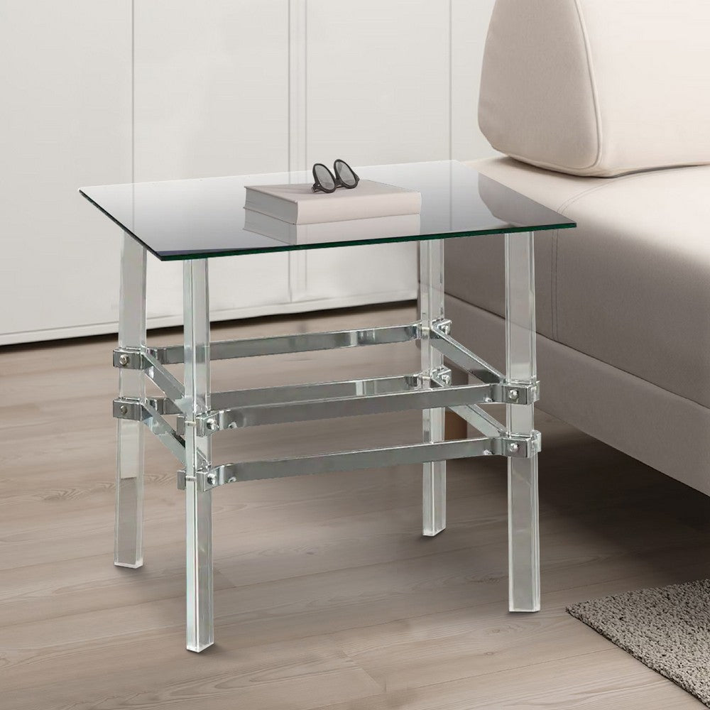 Benjara Square Glass And Metal End Table with Tubular Legs, Silver And Clear