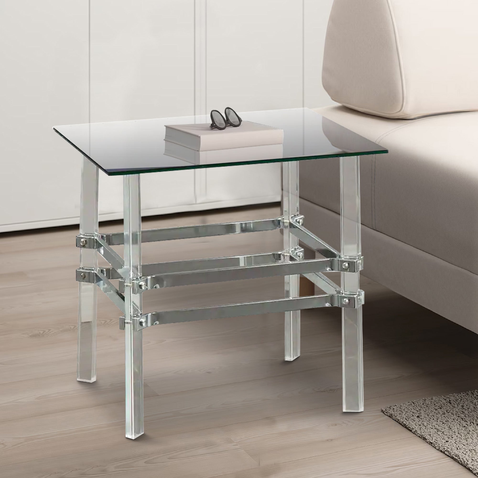 Benjara Square Glass And Metal End Table with Tubular Legs, Silver And Clear