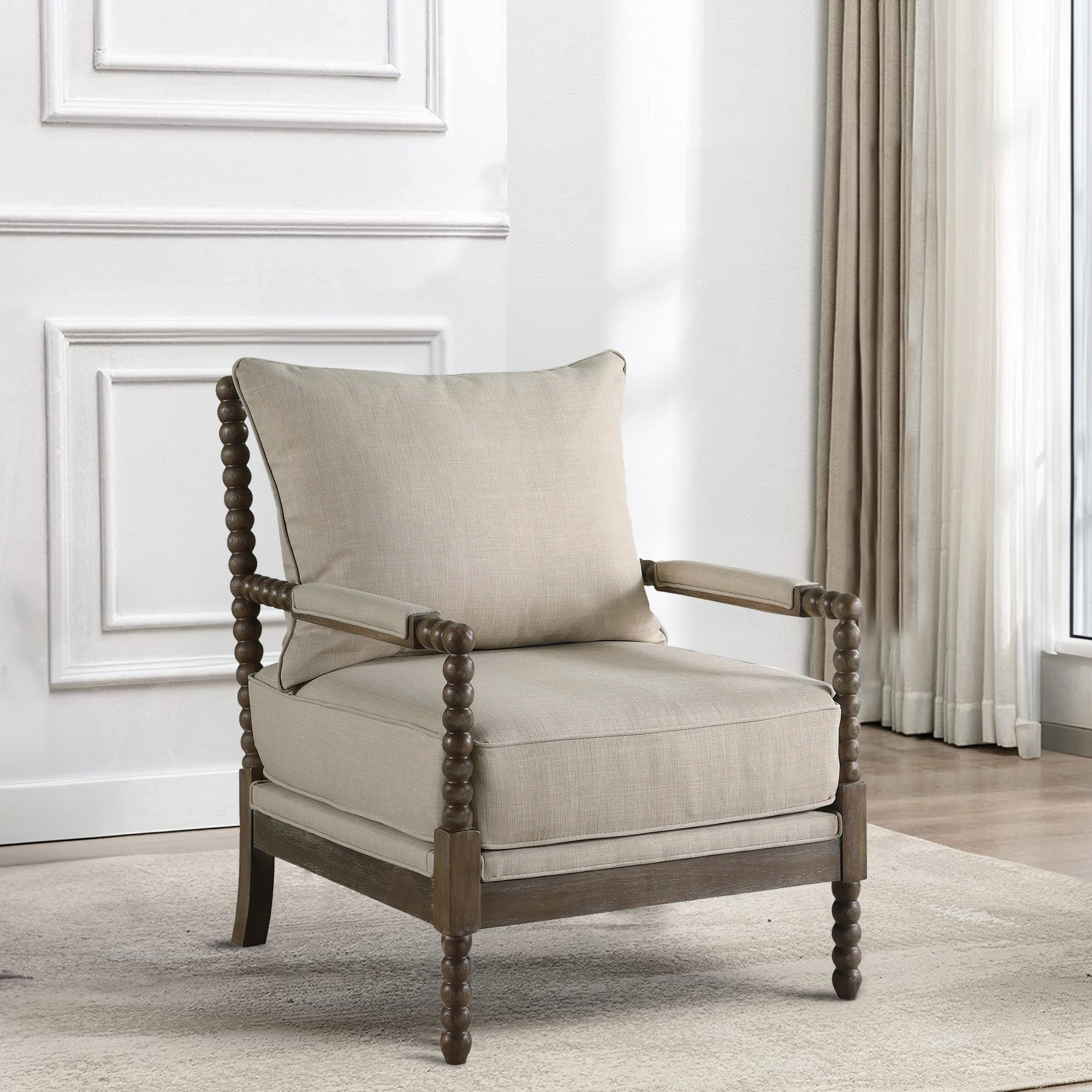 Benjara Cushioned Back Fabric Upholstered Spindle Accent Chair, Beige And Brown