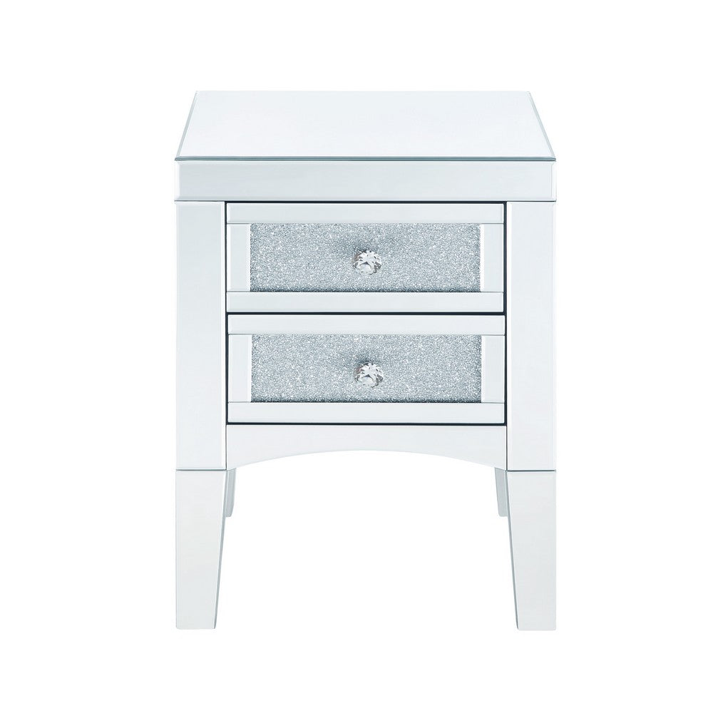 Benjara Wooden Night Table with 2 Spacious Drawers And Tapered Legs, Silver