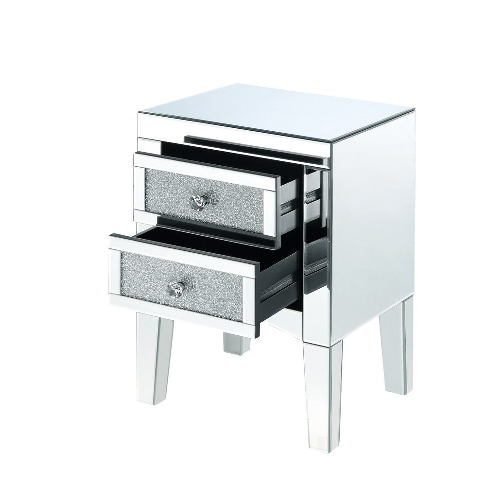Benjara Wooden Night Table with 2 Spacious Drawers And Tapered Legs, Silver
