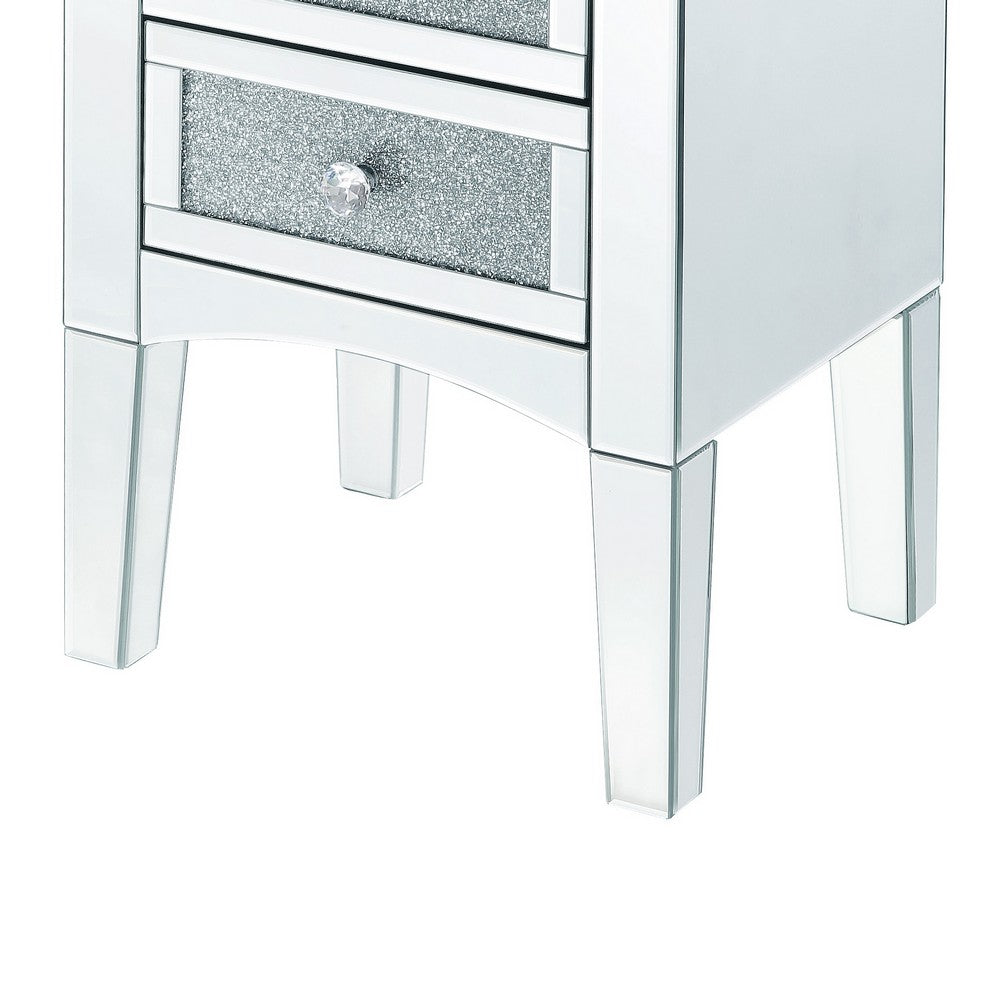 Benjara Wooden Night Table with 2 Spacious Drawers And Tapered Legs, Silver