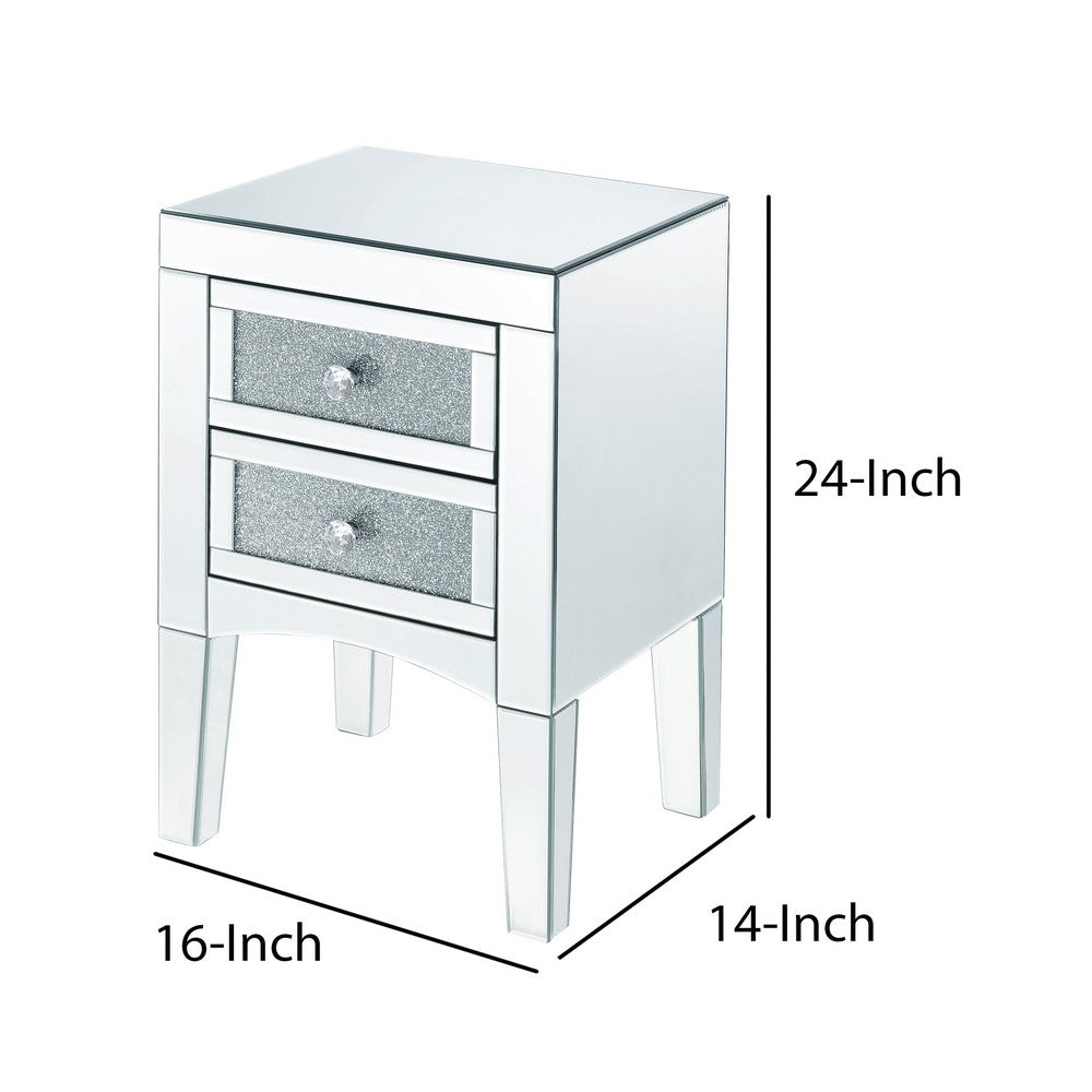 Benjara Wooden Night Table with 2 Spacious Drawers And Tapered Legs, Silver
