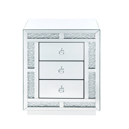Benjara Mirrored Wooden Night Table with Flat Base And 3 Drawers, Silver