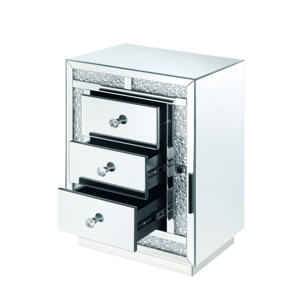 Benjara Mirrored Wooden Night Table with Flat Base And 3 Drawers, Silver